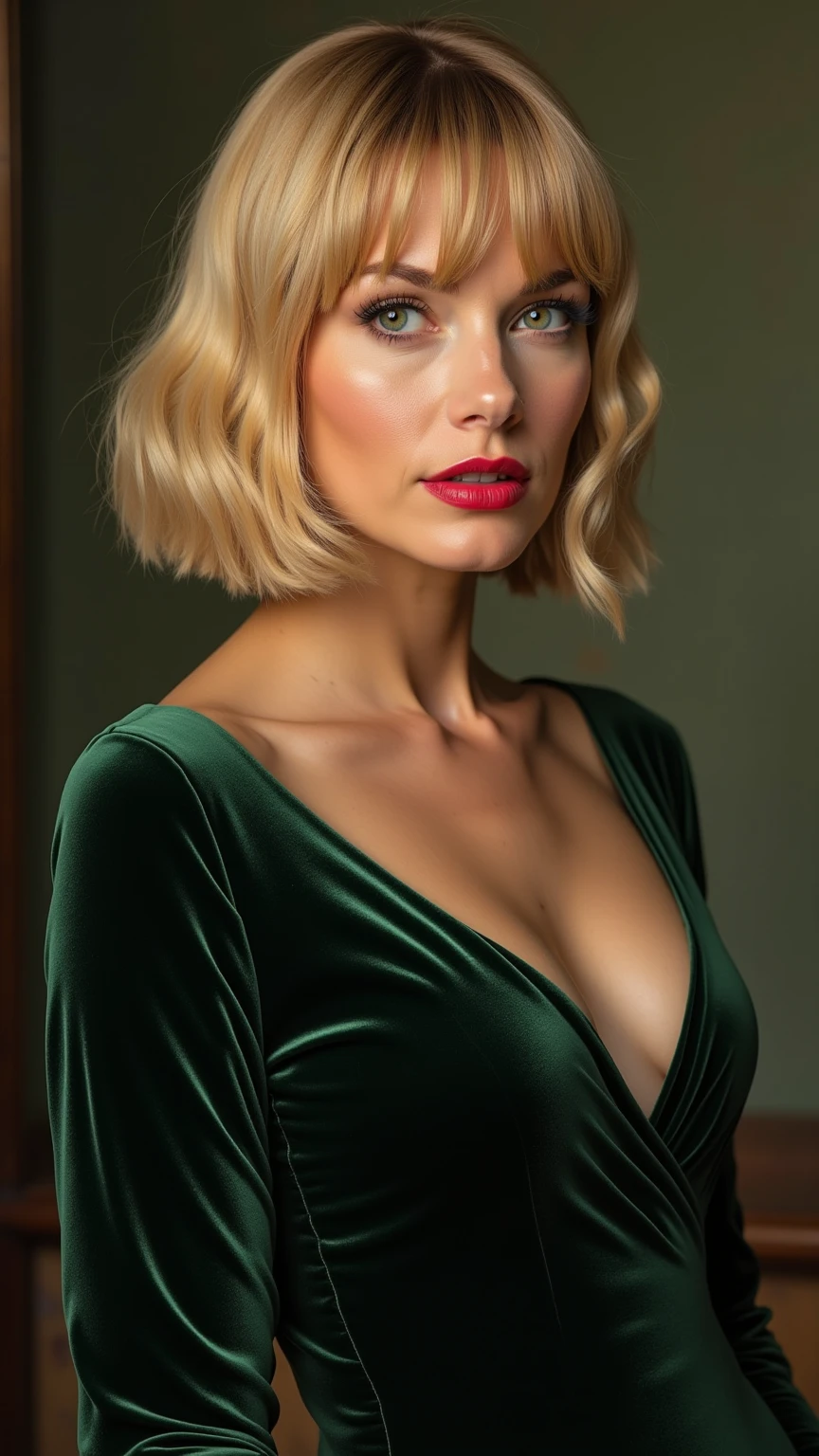 Close-up, high resolution 4K portrait of a captivating 50-year-old woman, Spanish (Rubia) with luscious carmine lips, emerald green eyes, a slightly upturned nose, and a delicate, refined face. The setting is a dimly lit room with a dress as the central focus, the velvet fabric shimmering under cinematic light. The side lighting playing off her exquisite features, creating an intricate interplay of shadow and light. Her dress, a harmonious blend of elegance and sensuality, reveals a subtle full-bodied figure in a tasteful yet provocative way. The photograph, captured in the R