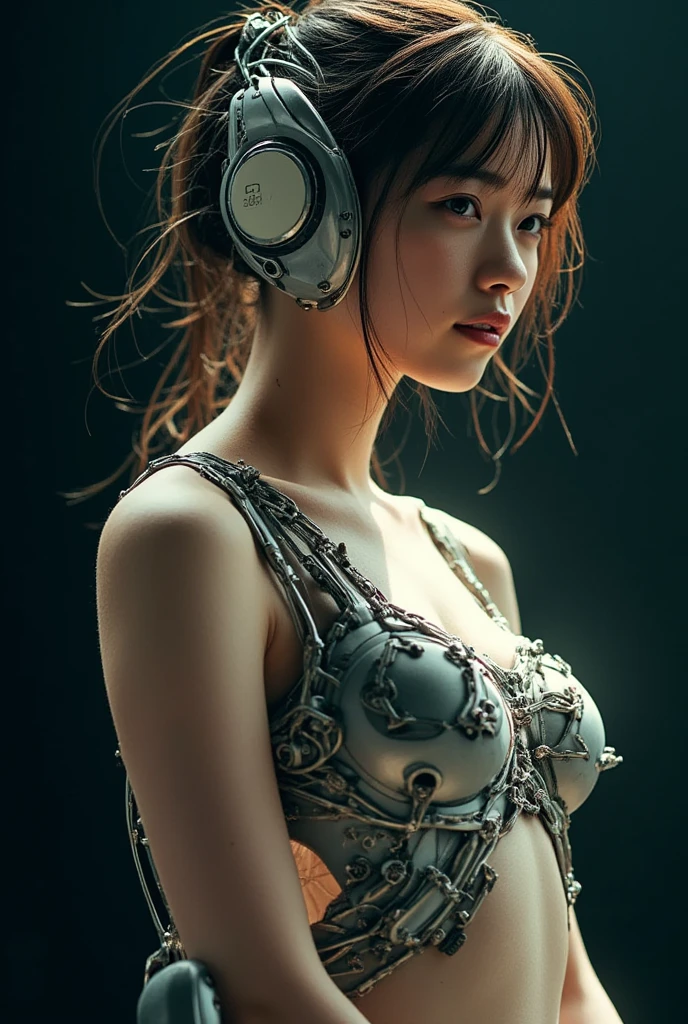 最好质量、巨作、ultra-high-resolution、(photoreallistic:1.4)、Raw photo、女の子1人、Black hair、glowy skin、1 Mechanical Girl、((hyper realistic detail))、portlate、Global Illumination、Shadow、octane rend、8K、ultrasharp、big tit、Raw skin is exposed in cleavage、metals、Details of complex ornaments、Steampunk details、Analog Meter、cog、gear、Golden hydraulic cylinder、hyper intricate details、Realistic light、CGSoation Trends、purple colored eyes、eyes glowing、Facing the camera、neon details、Mechanical limbs、blood vessels connected to tubes、Mechanical vertebrae attached to the back、mechanical cervical attaching to neck、sitting on、Wires and cables connecting to the head、vacuum tubes、cog、meter、Gundam、Small LED lamp、The background is a steampunk city、