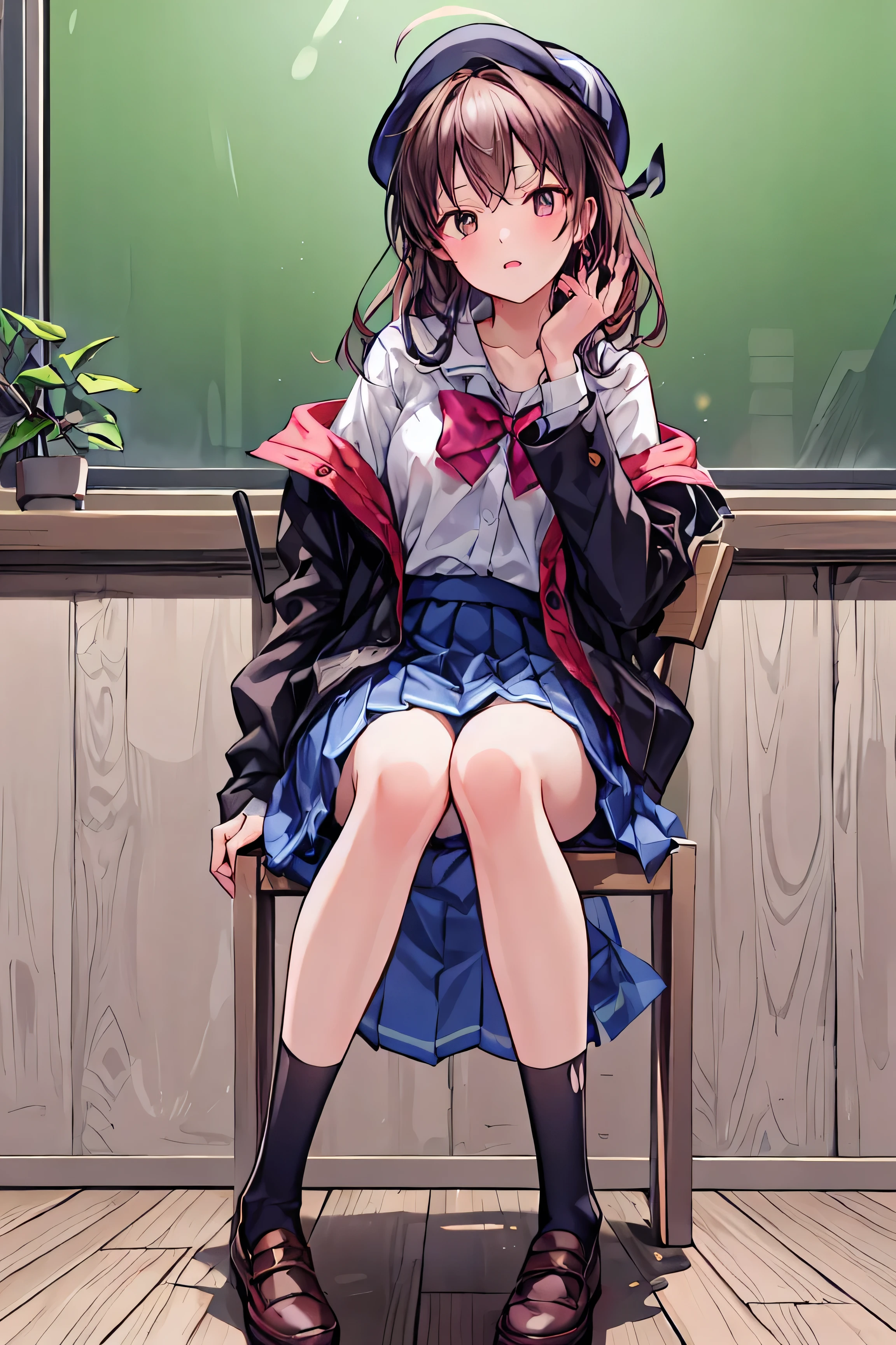 masterpiece, 1girl, solo, yukino yuknoshita, school uniform, white shirt, plaid miniskirt, red bowtie, (black knee high socks:1.5), black shoes, absolute territory, leaning on a table