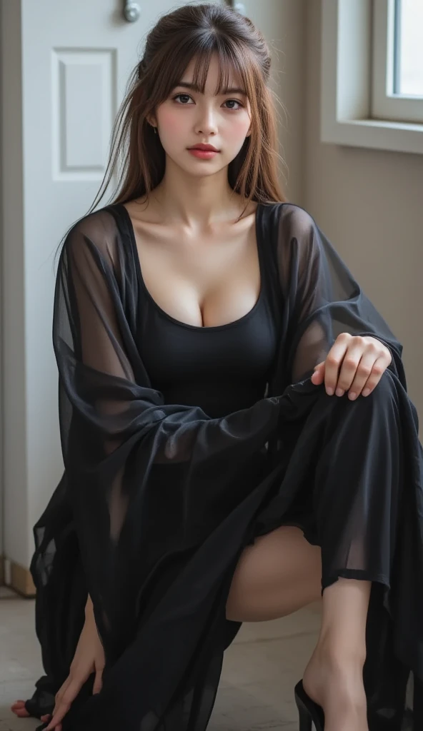 1girll,Sit on a comfortable sofa,Cross ed leg,Soft light，Black silk big breasts