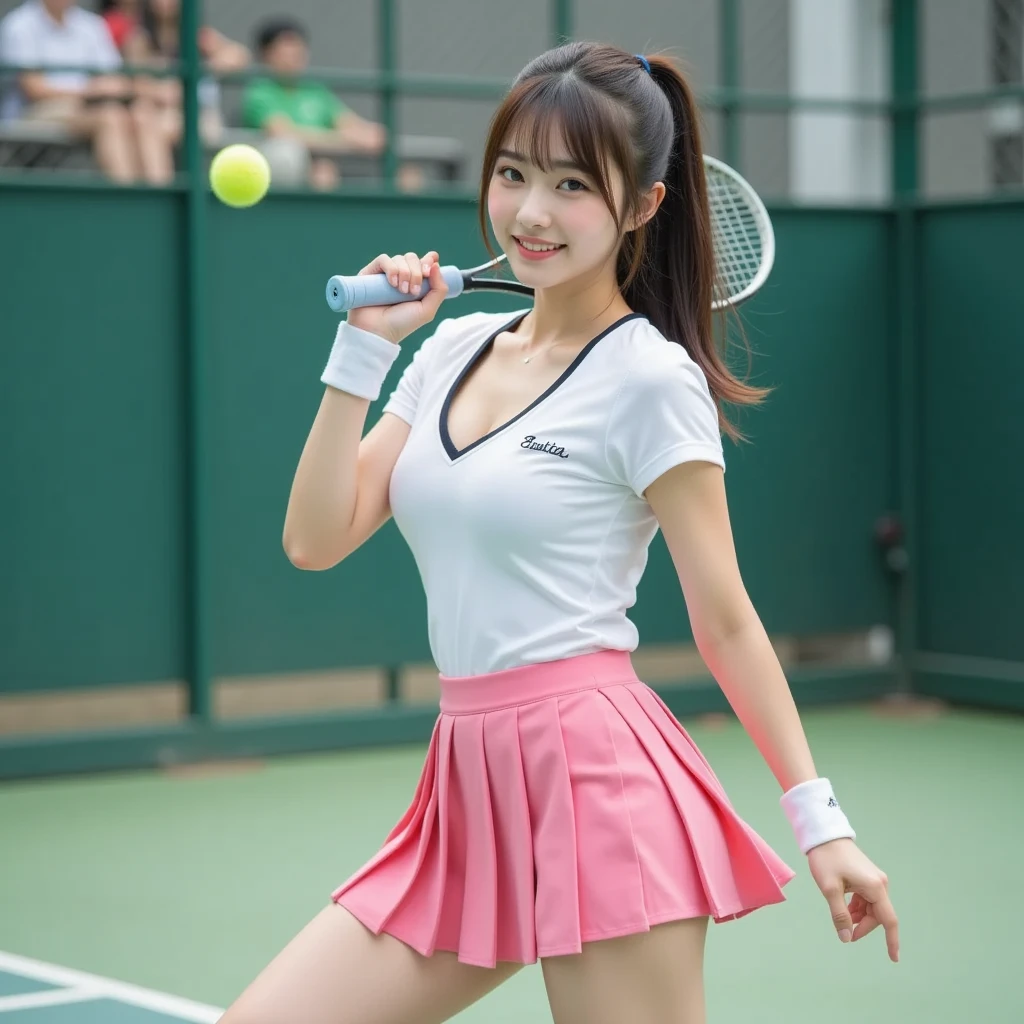 (8K, highest quality, masterpiece: 1.2), (realistic, realistic: 1.37), Super detailed, 1 girl, 20-year-old, big, beauty, cute, smile, alone, tennis wear, mini skirt, Tennis court, racket, tennis ball, (nose redness), (smile: 1.15), (closed your mouth), beautiful eyes, (long hair: 1.2), floating hair nova frog style, Upper body
