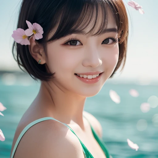 Beautiful and delicate portrait of a playful pretty girl with a short masculine hairstyle,  black hair, an emerald green sea,  mischievous smile , Dancing petals, ( top quality, Masterpiece,   ultra-realistic  )  flower petals floating in the background 