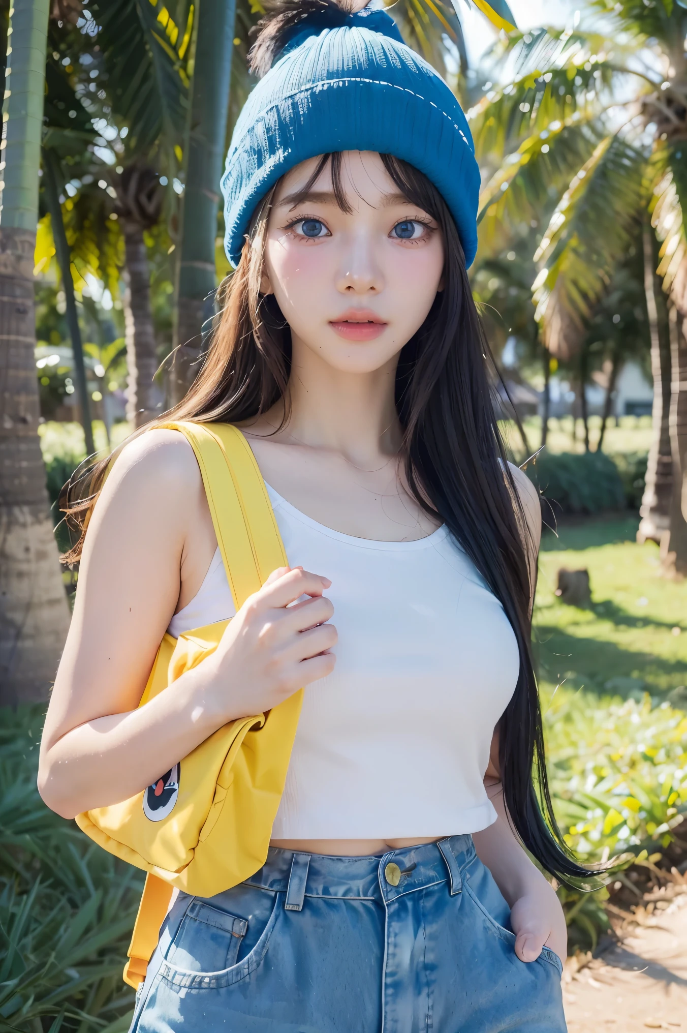 anime girl with a (((yellow backpack))) and (((four dogs in a field of coconut trees))), ((((blue eyes girl)))), (((The girl is wearing a beanie))), cute detailed digital art, adorable digital painting, ((((camera a front of character)))), artwork in the style of guweiz, realistic anime 3 d style, anime styled 3d, render of a cute 3d anime girl, made with anime painter studio, anime style. 8k, rens art in artstation, anime visual of a cute girl,