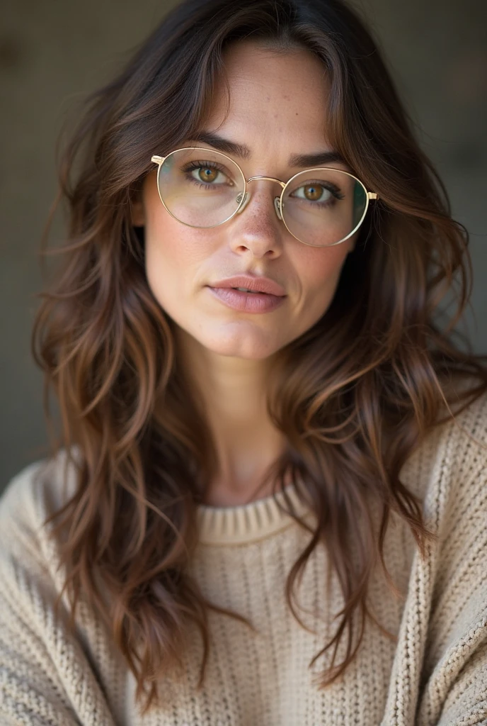 Woman with curly hair, fringe, glasses, Brown eyes, light brown hair color, light brunette 