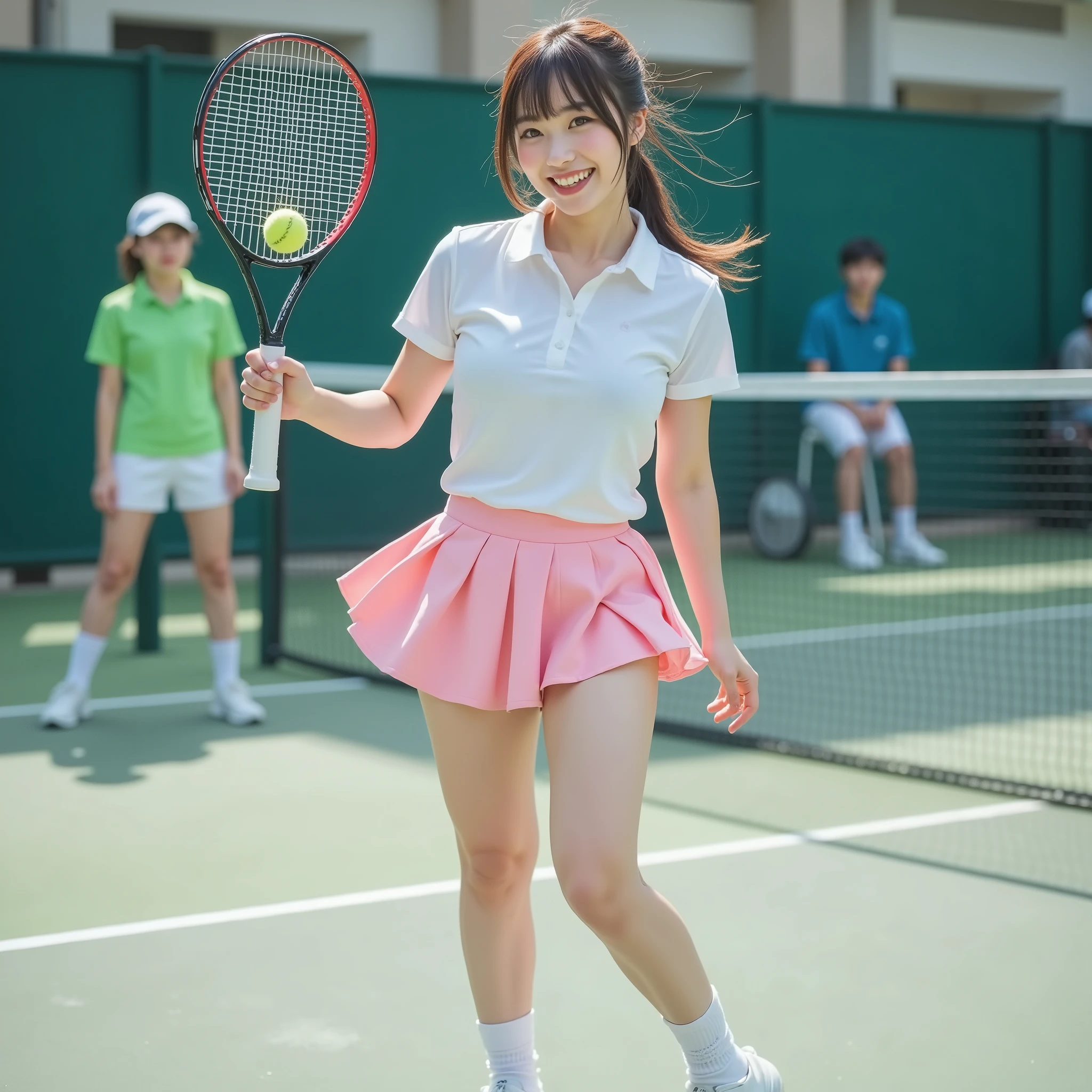 『1 Japanese girl:1.3』『real photo:1.3』Highest quality:1.2、((big breasts))、has a slight cleavage、((young 20 year old woman ))、『is showing off my teeth and laughing:1.9』、(((anatomically correct、Perfect Anatomy、anatomically correct指)))、slender body,realistic, Highest quality, super high definition, RAW photo, (Curvy body)、full body,look and smile like idols,During a tennis match,wearing a pink pleated skirt,The top is a white polo shirt.When you hit the,with one point in it,short white socks with white sneakers,when hitting the ball by waving a racket,I'm sweating,Healthy, beautiful legs, so that the whole body fits,ball with one point in it, the skirt flips over and you can see a glimpse of the black show pan