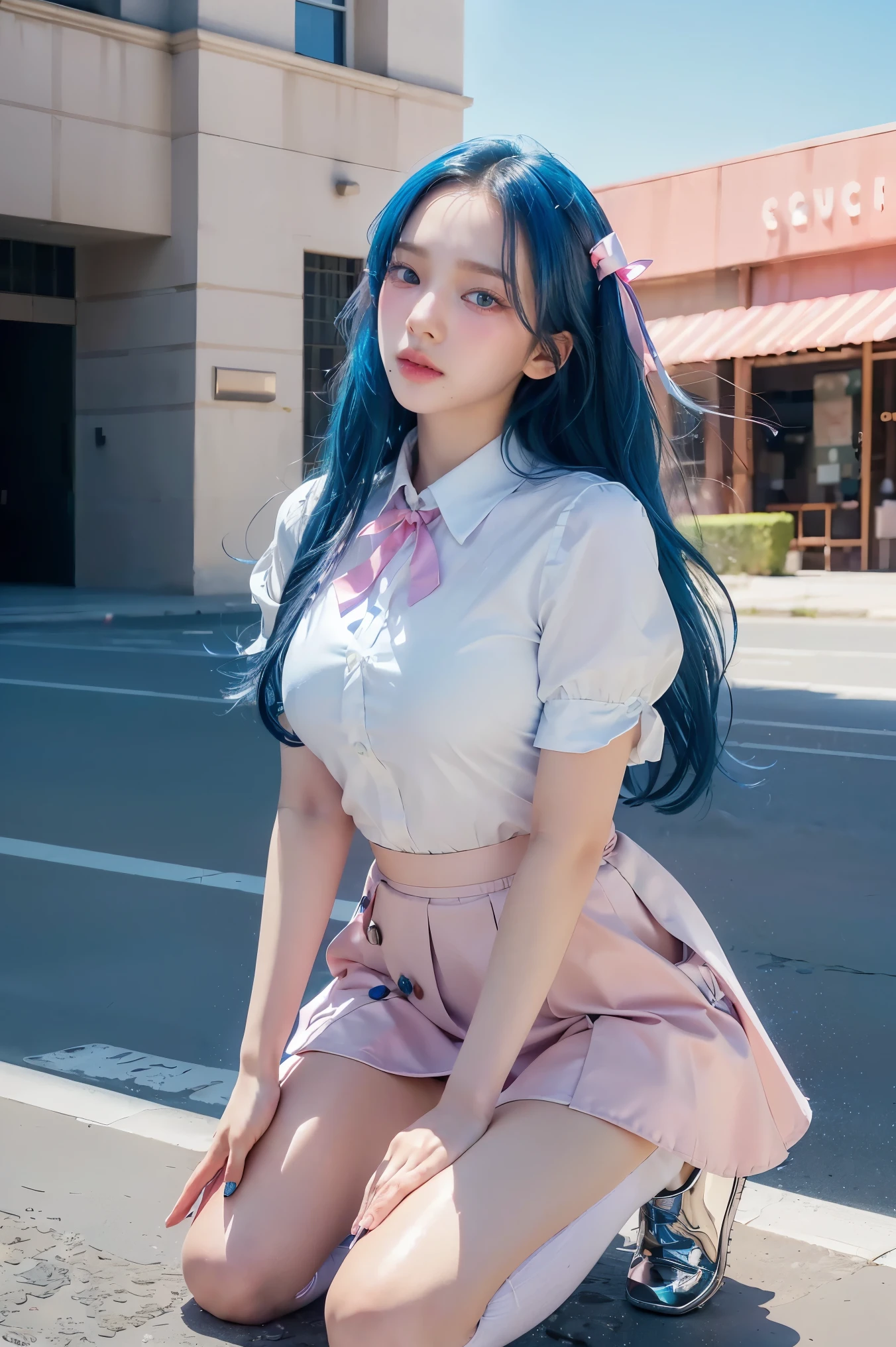(detailed beautiful eyes and detailed face, masterpiece side light, masterpiece, best quality, detailed, high resolution illustration), (1 girl, beautiful girl, shiny skin), (sky blue hair, pink colored eyes, skirt, ribbon, button- shirt)(kneeling on the ground)