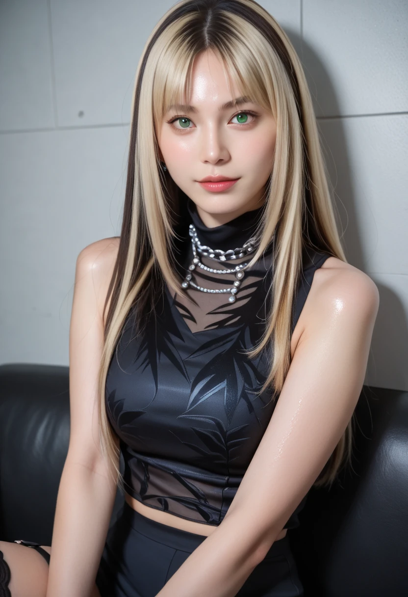 nsfw、mysterious idol、lipgloss、happy smile、looking at the camera、(gothic makeup)、(long lashes)、(sexy pose)、full body、kneeling on a bed、shiny sparkling very large necklace(neon gold)、naked small breasts、shiny glossy latex tight mini skirt(neon gold)、long stylish hair((platinum blonde))、long fuchsia fluffy fur coat with white fluffy fur(neon fuchsia)、conceptual art, High quality, Realistic, extremely detailed CG unified 8k wallpaper, highly detailed, High-definition raw color photos, professional photography, Realistic portrait, Cinematic Light, Beautiful detailed, Super Detail, high details, (((Bokeh))), depth of fields, illumination, large sparkling neon hotel room, Super stylish lighting