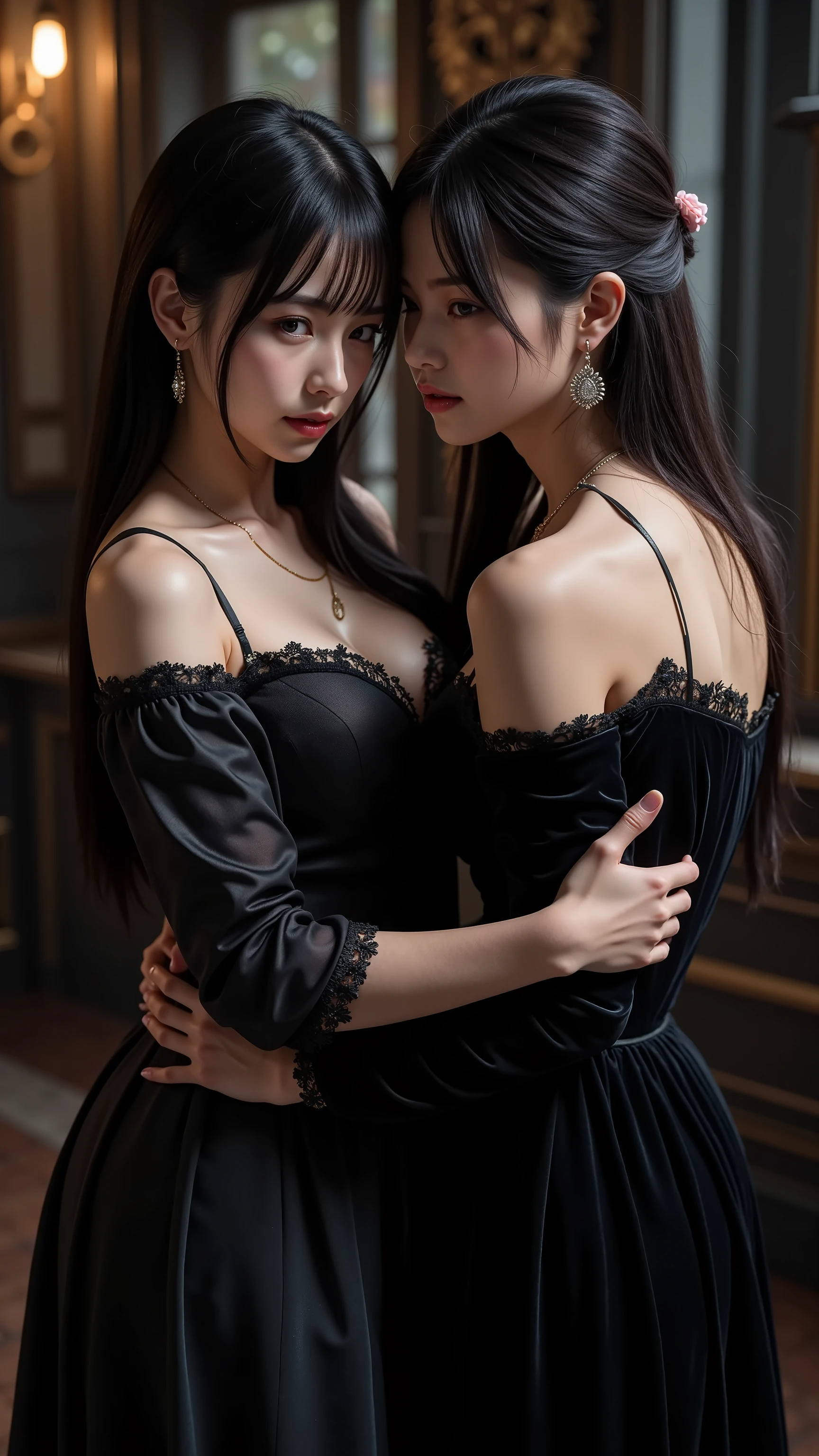 ((original photography:1.2, best quality)), photographic art,Extremely detailed, Ultra-precise depiction, Ultra-fine drawing, (tangled:1.2), (007 movie atmosphere), at bedroom,2 Korean women,Korean Model, Very detailed face, (best quality, Beruca, Gloves), ((complicated nurse uniform:1.3)), Very detailed lace underwear and long silk stockings,lace choker, Gloves, long legs, High heel, damaged nurse uniformcleavage,Long legs,two twins women standing together,(kissing),Embrace each other,