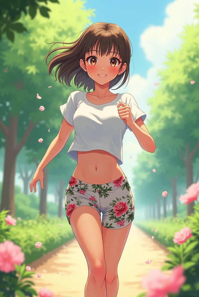 Anime girl In floral workout shorts and a white t shirt