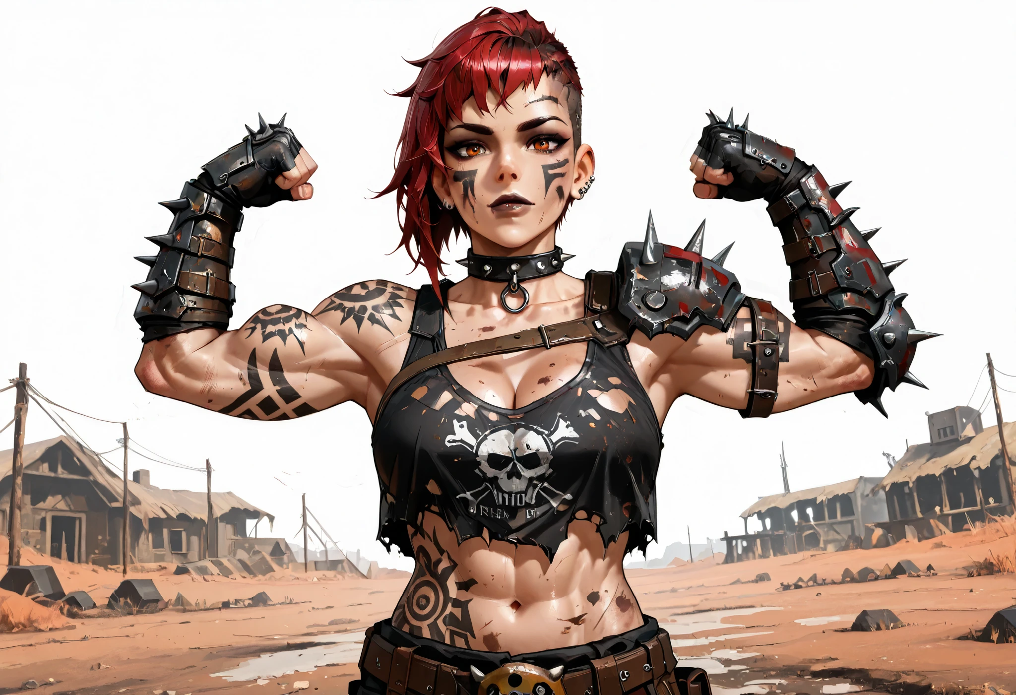 ((whole body)), master part, best quality , detailde plump dark lips, super detail beautiful woman, whole body, redhead Asymmetric Undercut Haircut hair, redhead punk girl, post-apocalyptic world, torn and dirty clothes, Asymmetric Undercut Haircut, sides of shaved head, Clean face with dark make-up, black tribal tattoos on body, raider outfit from fallout, raider girl, piercing, face paint, makeup, shirt, midriff, spiked choker collar, armor, collarbone, gauntlets, bare shoulders, single pauldron, (underboob:0.72), standing, cleavage, looking at viewer, flexing, from below, outdoors, wasteland, Toned raider girl, beatiful detailed amber eyes, raider attire, raider girl from fallout, dark make-up, black tribal tattoos