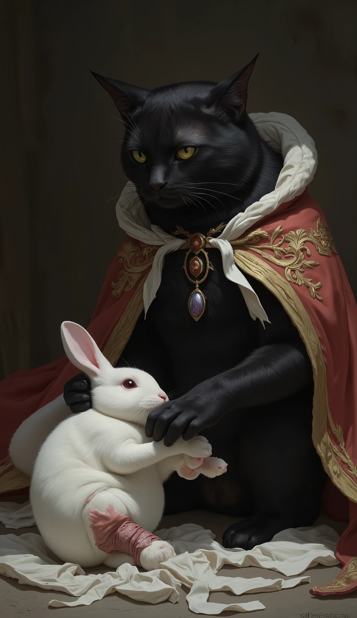 vintage, a young humanoid simple dark grey female cat, sitting on the throne, cleopatra royal dress, golden crown, Marvelous sophisticated exterior giving vibes of a princess garden, <lora:ClassipeintXL2.0:1> oil painting, masterpiece, focused, best quality