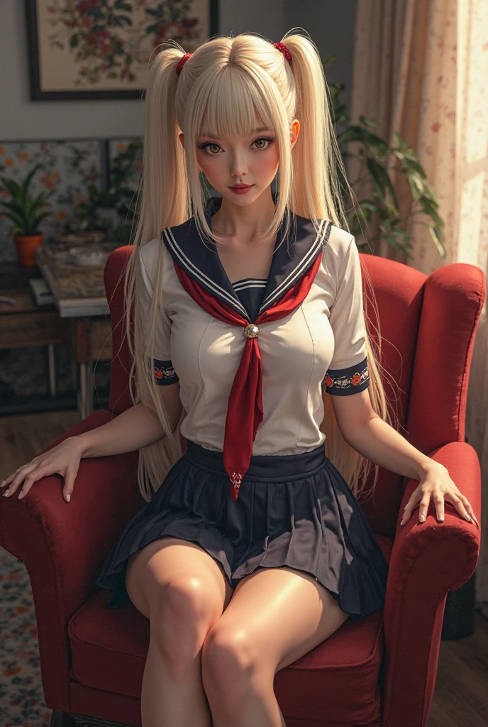 Best quality, Highly detailed, Masterpiece, Ultra-detailed, illustration, 1girll, Solo, Upper body, Beautiful detailed eyes, An extremely delicate and beautiful, Bare shoulders, Long bangs, Messy long hair, Extremely detailed Cg Unity 8K wallpaper, Bright eyes, half closed eyes, looking at viewert, Lens flare, White hair, unbelievable Ridiculous, chair, Bed, curtain, indoor, book, Student, Silver hair, Pink eyes, Green eyes, Medium breasts, school uniform, Sitting, bent over