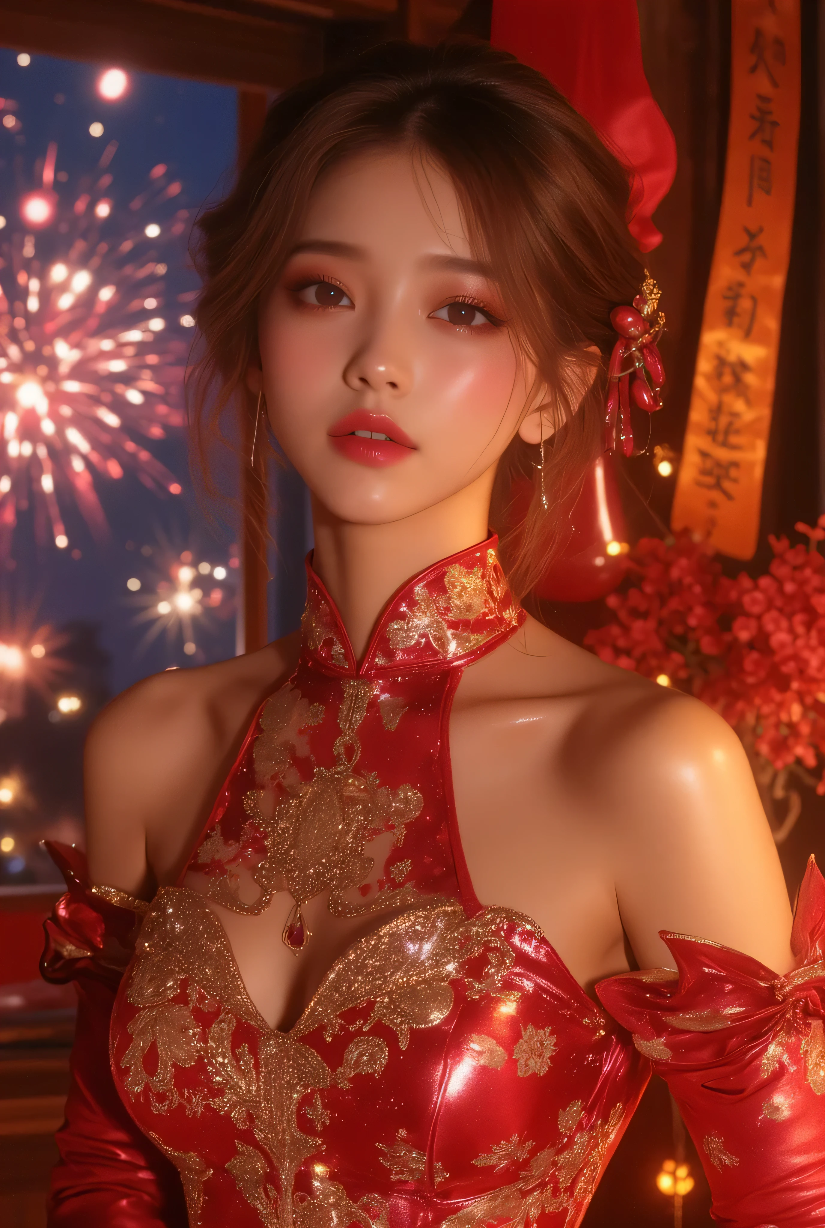 Cat ears、 face up, attractive, pretty girl, ponytail、few beautiful lady hair decorations, (( fine facial features , eroticism)), dramatic lighting , realistic , 8k, Dramatic Shadows , intricate and elaborate patterns , super detailed photo , chiaroscuro lighting , Pleasant colors , deep contrast , super real 、 pink lipstick、 warm room、Vintage Fireplace 、 cinematic composition、Close-up of face, pretty half part transparent open shoulder loose outfits dress, tang style, A beautiful Korean idol wearing a one piece red-green-blue-black-silver-gold tightly cheongsam with phoenix and intricate floral golden embroidery, golden and silver outline on dress, shining gems and jewelry, standing gracefully in a room filled with traditional Chinese New Year decorations. The room features vibrant red lanterns, decorative calligraphy scrolls, a small Chinese orange tree with golden ornaments, and several red envelopes scattered across the floor and hanging from the tree. Adorable, playful cats are part of the scene—some sitting near the tree, others curiously pawing at the red envelopes or lounging around. Through a window or an open door in the background, vibrant Chinese fireworks light up the night sky in an array of reds, golds, and blues, casting a magical glow into the room. The idol’s outfit is paired with subtle accessories like red hairpins or earrings, complementing the festive look. The atmosphere is warm and lively, filled with the joyful essence of the celebration, enhanced by the shimmering lights of the fireworks and the lively decor. blue lights