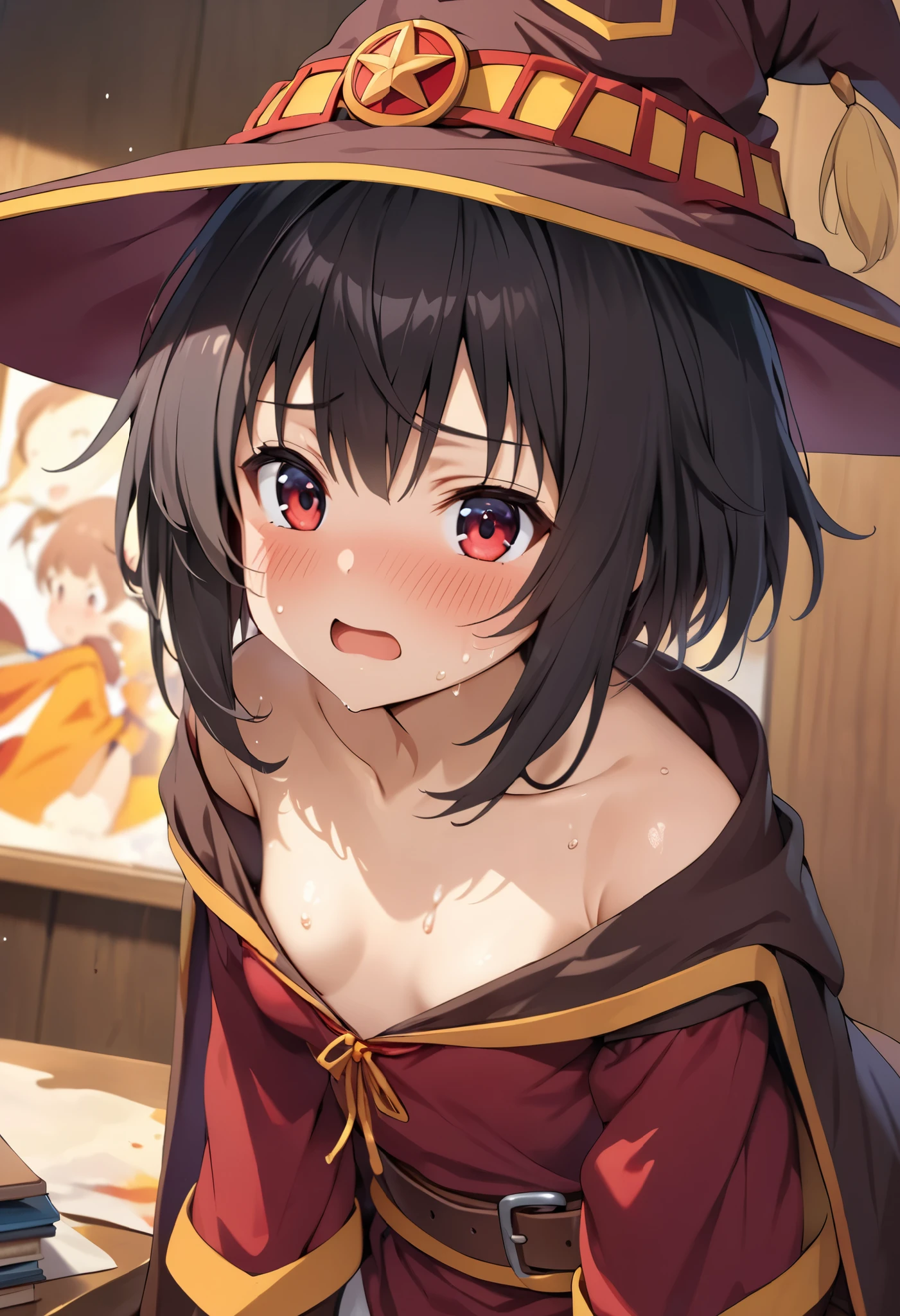 masterpiece, 8k, ((Being molested)),  (((A man is groping her breasts directly from behind))), (nsfw), (((((megumin_konosuba))))), , Sweat, Flat Chest, 8yo, ((Displeased expression)), crowded train,(((Pointed nipples))), ((grabbed by a strap)), Very detailed and beautiful nipples, Very detailed and beautiful genitals, The most exciting illustration in the world, 