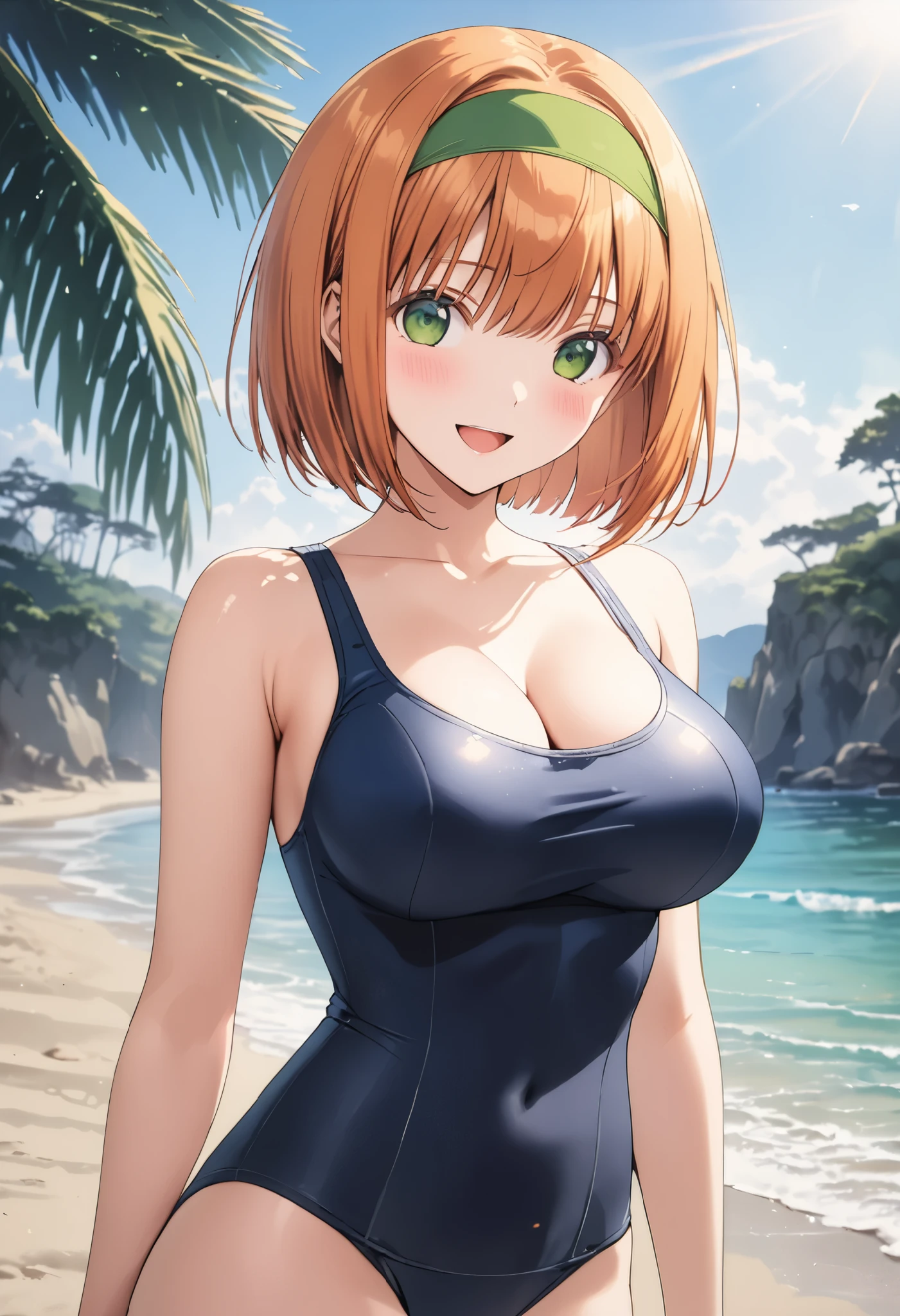 masterpiece, BestQuality, High resolution,16k,official art,super detailed skin,detailed,animated painting,(nakano yotsuba:1.3),1990s \(style\),(F-cup beautiful breasts:1.3),clevage,(tall:1.2),(height: 170cm,Fashion model body type:1.4),orange hair,bob cut hair,green headband,(School Swimsuit:1.3),1girl,solo,nsfw,sexy,cool face,big laugh,shy,blush,Anime-style painting style,Close up on upper body,Cinematic lighting,Superfine,in the beach,closeup