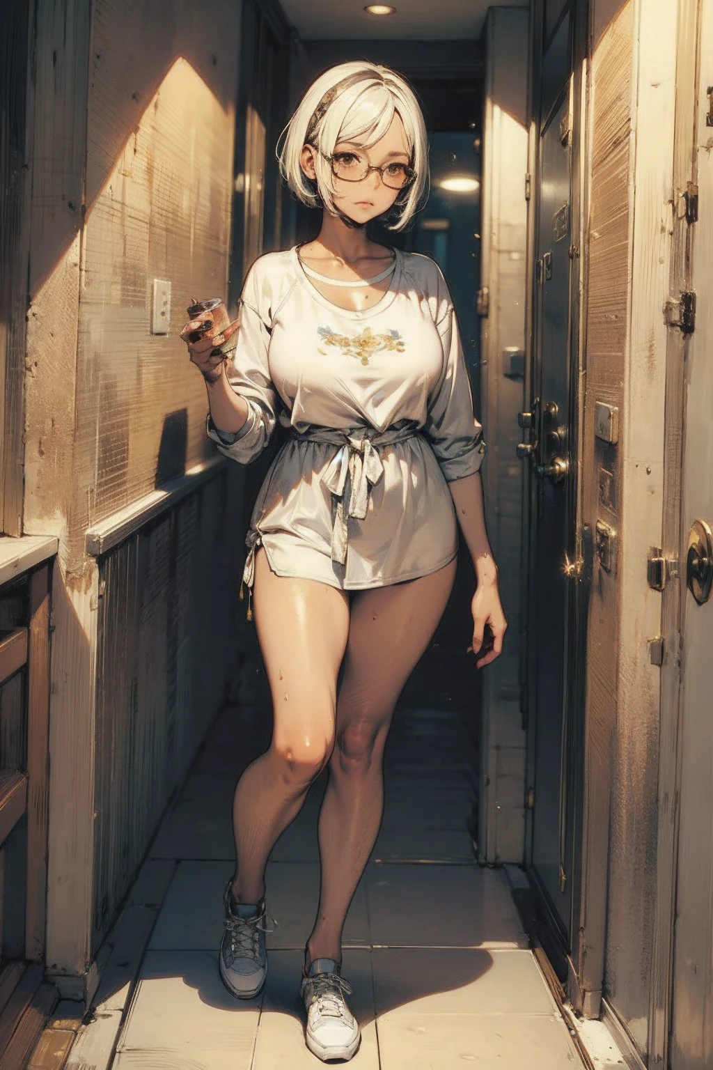 1 woman, full body, inside a hospital, hot nurse, silver hair, wearing a white apron with pink details, open apron, no panties, no bra, showing her breasts, showing her pussy, little pubic hair, pink pubic hair, slightly pinkish white skin, beautiful lips, perfect mouth, pink eyes, wearing red sandals, perfect little feet, pink painted nails, holding a clipboard in one hand (long and pink nails), holding a syringe in the other hand, orgasmic expression, clear liquid dripping from her pussy.