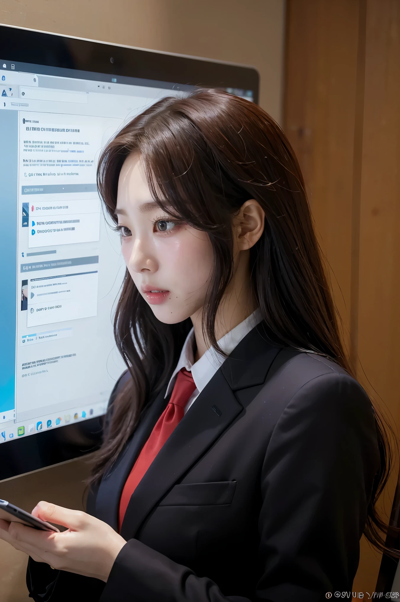 woman in a suit using a tablet computer in a room, working, sun yunjoo, still from a live action movie, park shin hye as a super villain, full device, using a magical tablet, iu lee ji-eun as a super villain, profile pose, [ realistic photo ]!!, shin min jeong, serious business, lazy, elegant look