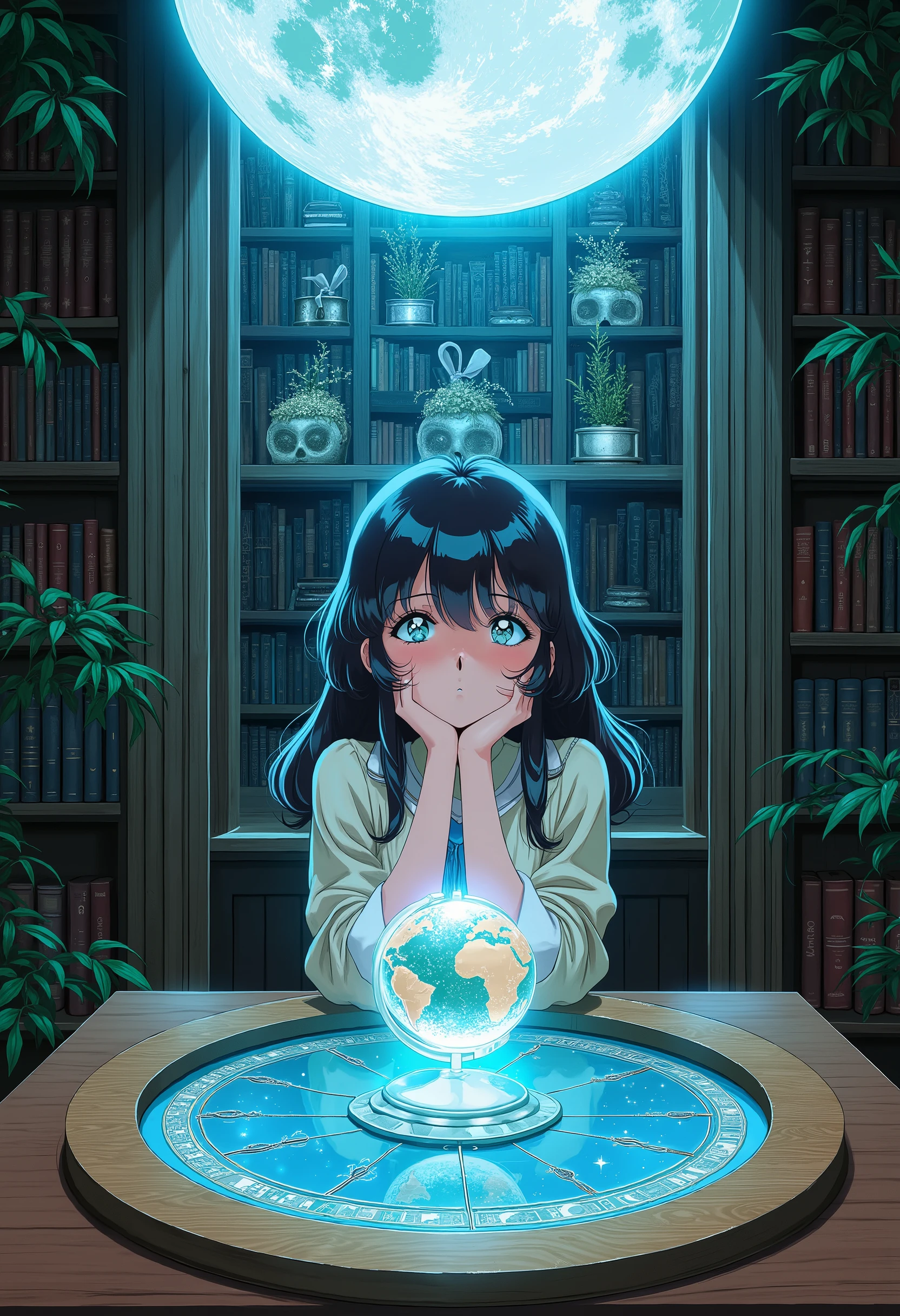 modernretroanime, anime, Beautiful Girl, Looks at the globe as a projection in a dark room de the moon-shaped lamp exudes gentle light falling on the book shelf, very beautiful breathtaking sight reflection on the mirror table, Masterpiece , 8 k, Best quality, intricate details, high quality, Lots of Details , beautiful colors,