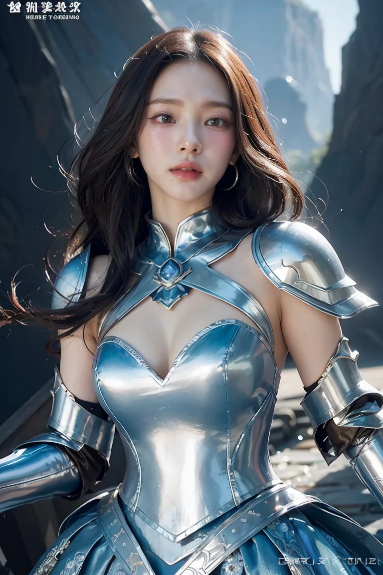 (8k, Highest quality, masterpiece, Very expensive:1.2) A photo of a Japanese person with beautiful long blue hair, Beautiful and attractive、西洋のBlue Armorを、Looking at the audience, ((Prairie background)), (One of the teenagers),(Blue Armor、The chest is slightly exposed.), ((Blue Armor)), Sugar Belt, ((Hands down.)),Blue Hair、Long Hair, High angle view of a beautiful woman, Realistic skin texture, look up, Round chin, Art Lens 85mm, 1 1. 2, Sharp focus, High resolution 8k, Crazy Details, complicated, elegant, Big Breasts, Dynamic gestures, Big Breasts,Blue Hair/Light blue hair,