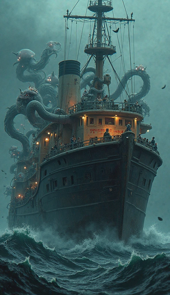 huge fish zombie angler fish next to a destroyed submarine with a lantern on the bottom of the sea at night blue and yellow green glow post-apocalyptic landscapes in retro style poster artistic art comic complex details high detail, 32k, sharpness