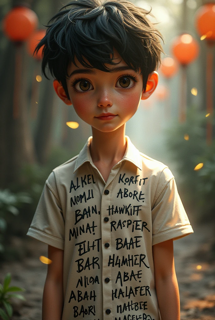 boy with black hair, wearing styles pant and shirt, on his shirt "NT" letters with capital letter