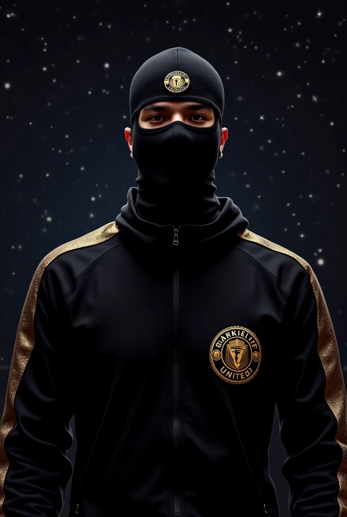 A character based on the game "free fire" with a black cap, a black mask, a blue team shirt with a nine "in the right side" With a black background with lightning and thunder for a profile picture