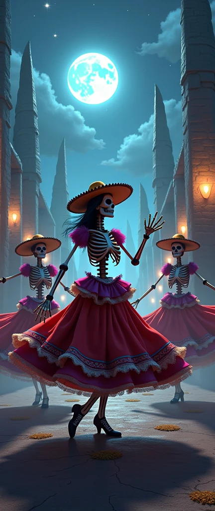 "Dancing with the Dead": A dynamic scene featuring Catrina La Muerte gracefully dancing alongside a group of skeleton figures, their movements captured with precision and fluidity, conveying the joyful and celebratory nature of the Day of the Dead tradition, Surrealism, color field printing, high detail, UHD, 8k, anatomically correct, cinematic lighting 4d quality --auto --s2
