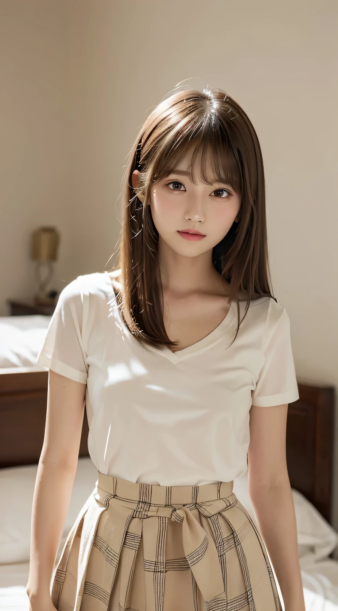 master piece , best quality , detailed , blouse , skirt , sitting , (from front) , bed room , indoor