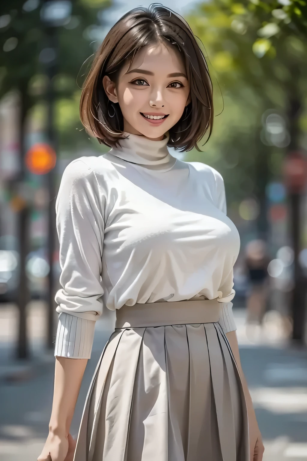 ((1. Ultimate beautiful woman)), mature, beautiful face, brown eyes , exhaustive lips , under a blue sky , double eyelid, long lashes, ((Big Breasts)), grin, enchanting gaze , bob hair , (pink turtleneck sweater, light brown short pleated skirt), thighs, exhaustive, (background: There are many trees in the park々There is), Accessory, ((cowboy shot )), ( depth of writing ), ((masterpiece)), (( Top Quality)), realistic , 16K HD, not exhaustive, realistic lighting