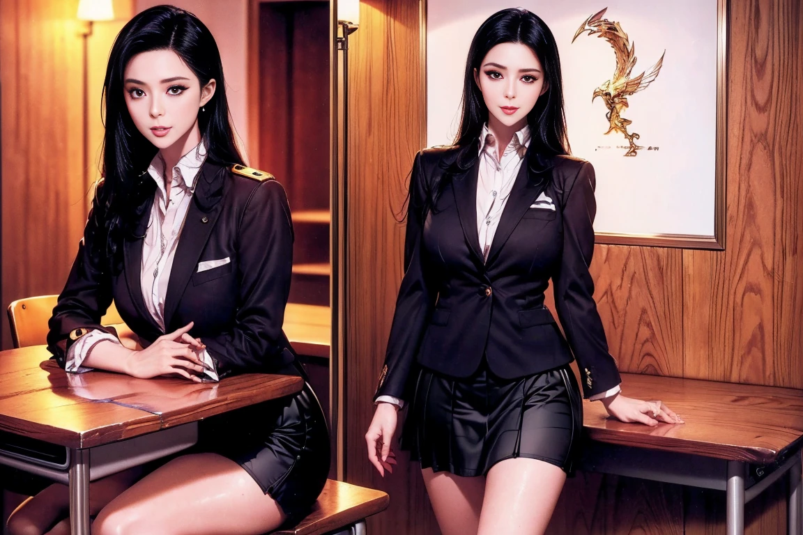 1 beautiful girl wearing a general's costume, Long dark brown hair tied neatly, beautiful face, big round eyes, thin eyebrows, heavy makeup eyelids, earrings with earrings, red lips, charming smile, Wearing an officer's uniform, big and round chest, slim waist, small butt, long legs wearing thin black mesh stockings, The girl is standing next to a tank, best picture, highest quality, 8k quality, portrait,