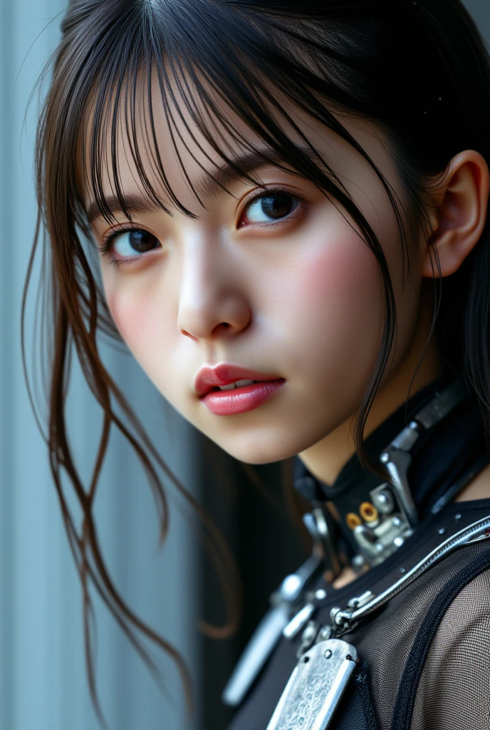 highest quality、masterpiece、ultra high resolution、(photorealistic: 1.4)、Demolition and repair、1 girl、black hair、Shiny skin、機械1 girl、(Super realistic details))、Portrait、global illumination、shadow、octane rendering、8K、super sharp、big、Cleavage exposed raw skin、Metal、intricate decorative details、egypt details、very intricate details、realistic light、CGSoation Trend、purple eyes、shining eyes、facing the camera、neon details、mechanical limbs、tube connected to blood vessel、mechanical spine attached to the back、Mechanical cervical vertebrae attached to the neck、((Sleeping on a bed)、Wires and cables connected to the head、Evangelion、Small LED Lamp、