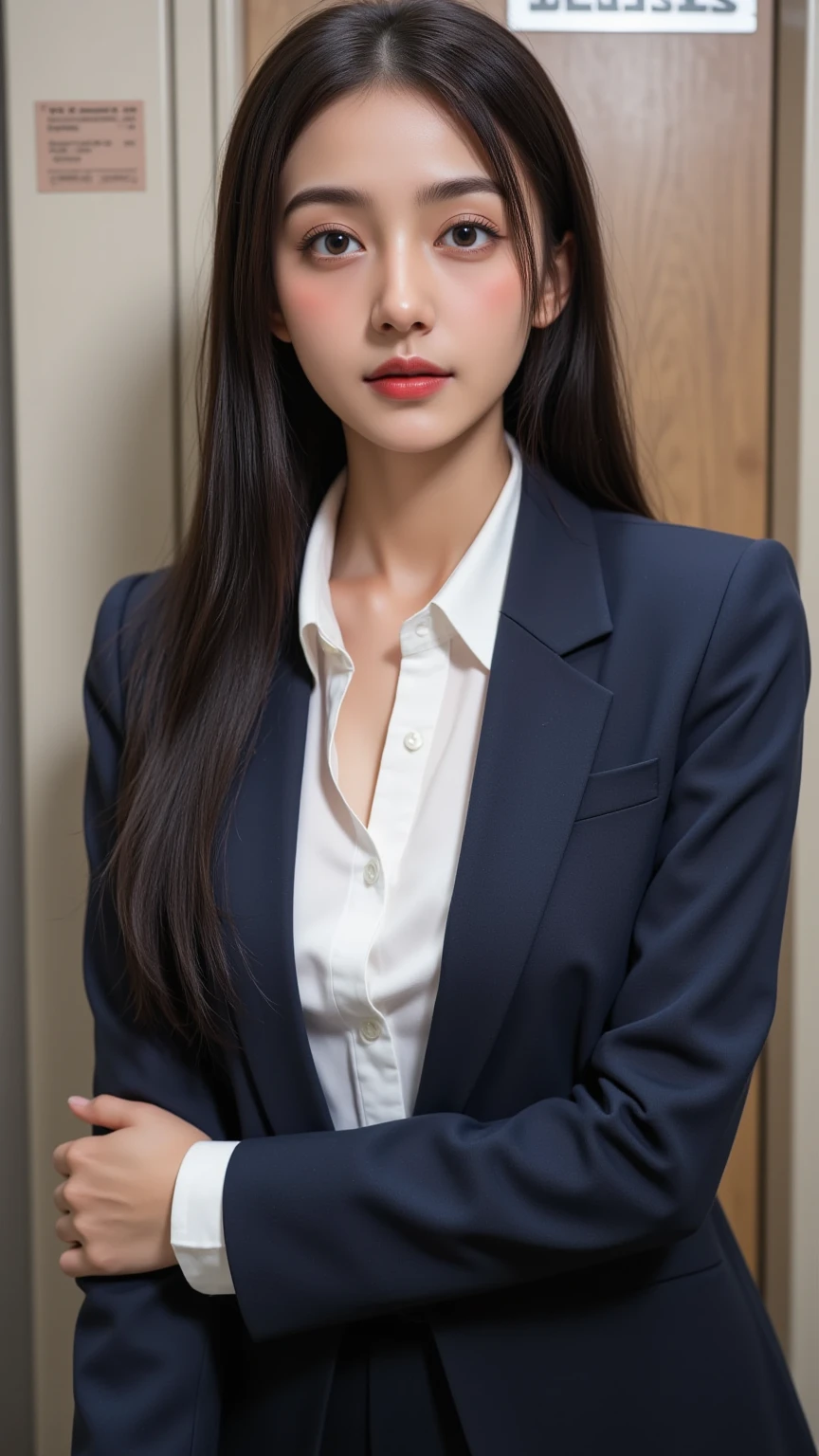 one girl,Beutiful women, In the office district,During the day,Office casual clothes,Long Hair,Black hair color