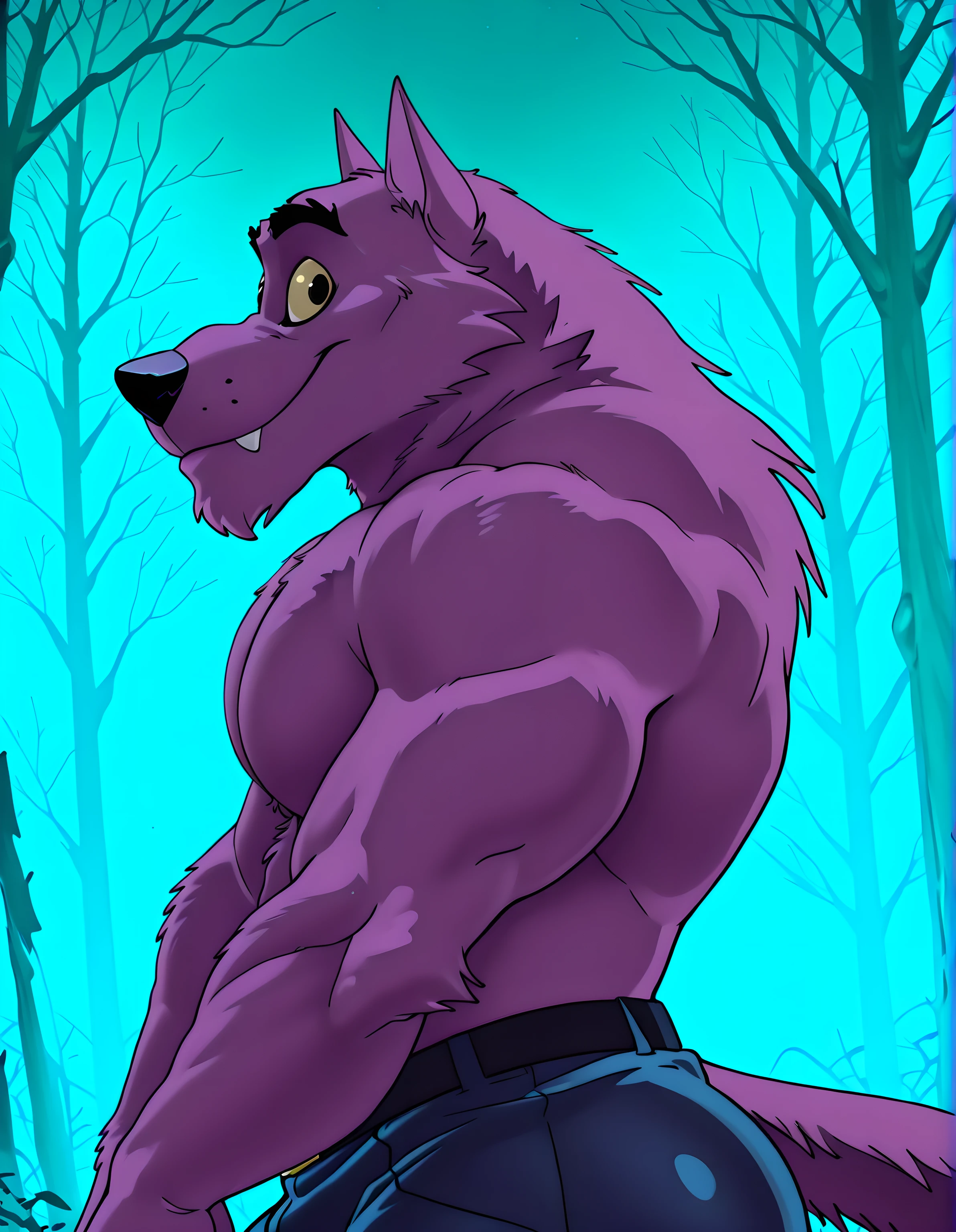 Bernard, Bernard_Mettle, werewolf, purple fur, yellow sclera, shirtless, furry chest, black belt, dark blue pants, muscular, proud, strong, night background, dark forest, half body, by anhes, looking at viewer, big body, solo, side view,