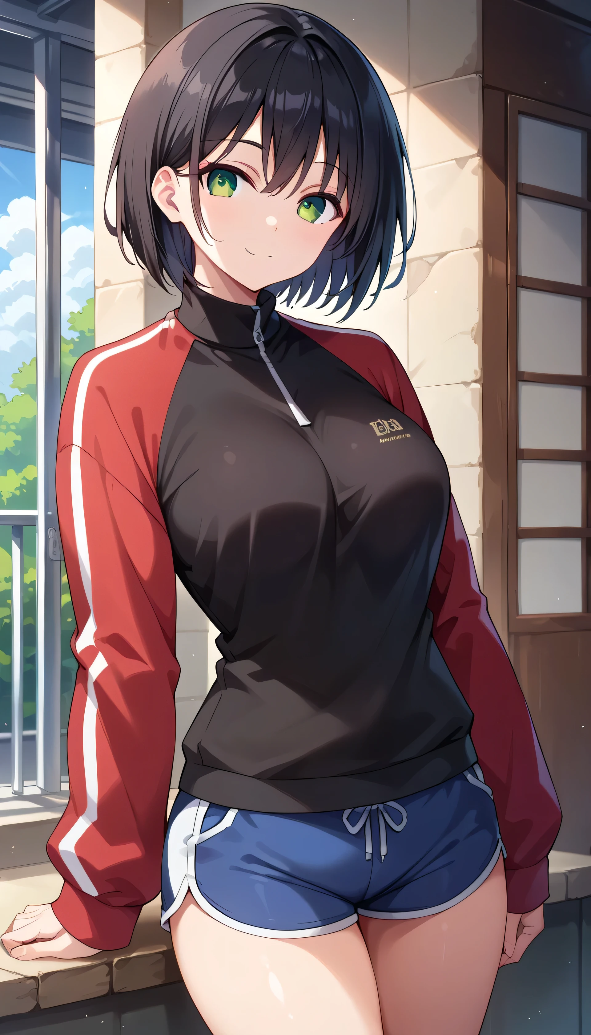 masterpiece, best quality, highres, aasugu, short hair, hairclip, large breasts, track jacket, red jacket, black shirt, blue shorts, hand on hip, smile, open mouth, outdoors