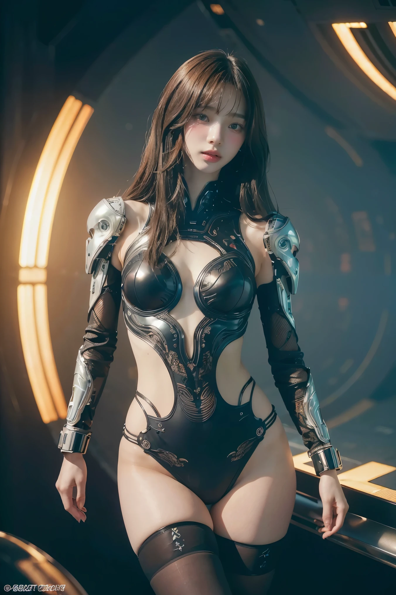Gorgeous cyborg girl with seductive outfit, half han half robot, robotic female body with human face, smile, long wavy hairs, transparent background, intricate details, UHD, exquisite masterpiece, award winning photography