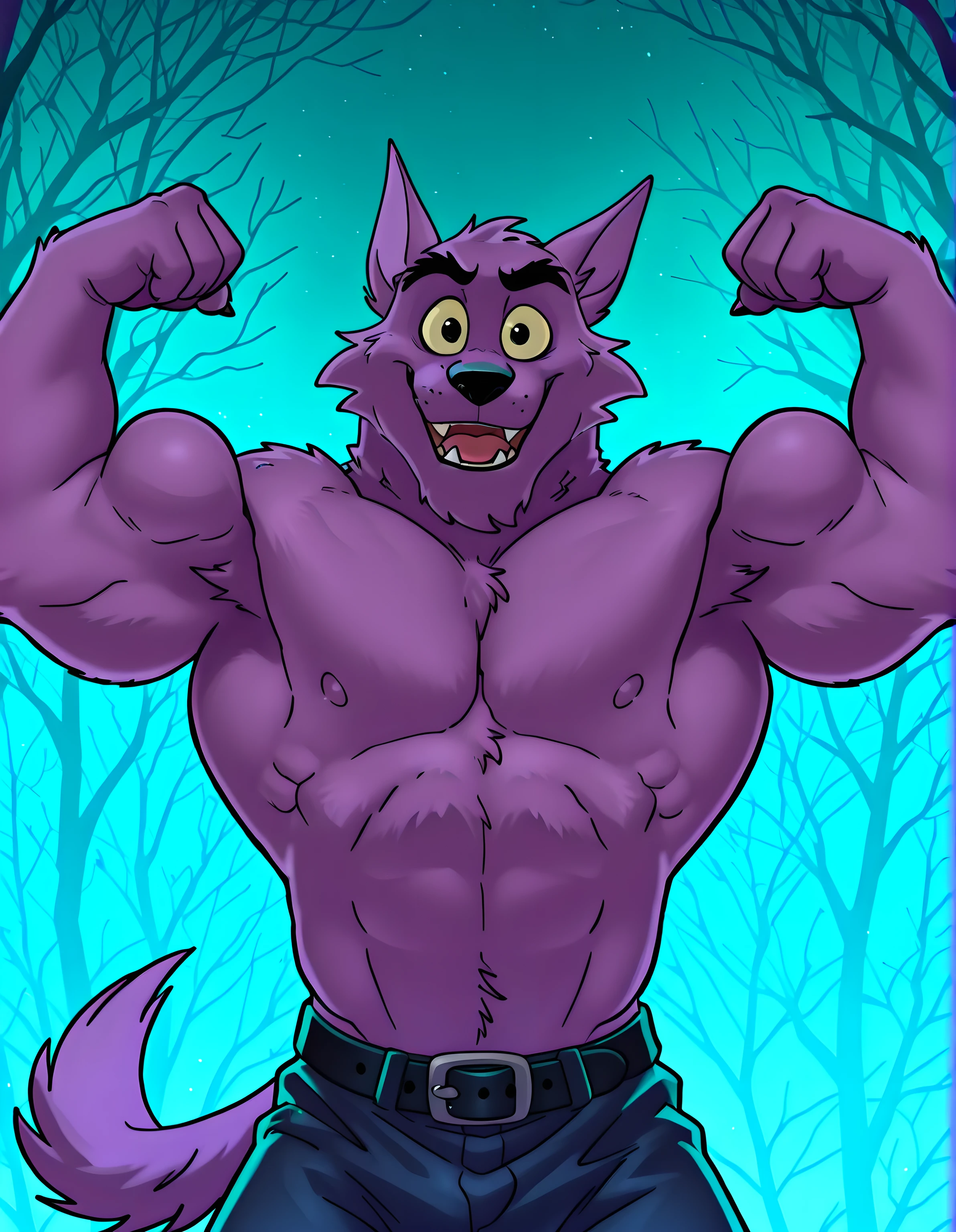 Bernard, Bernard_Mettle, werewolf, purple fur, yellow sclera, shirtless, furry chest, black belt, dark blue pants, muscular, proud, strong, night background, dark forest, blue forest, half body, by anhes, looking at viewer, big body, solo, front view, open mouth, flexing, bodybuilding pose, bodybuilder pose