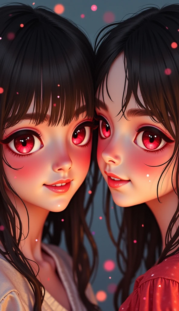 Disney image of a 2 girl wearing a red hooded sweatshirt , straight black hair, hair style like a book, large eyes,  small blue heart necklace  , shiny blue hearts background 