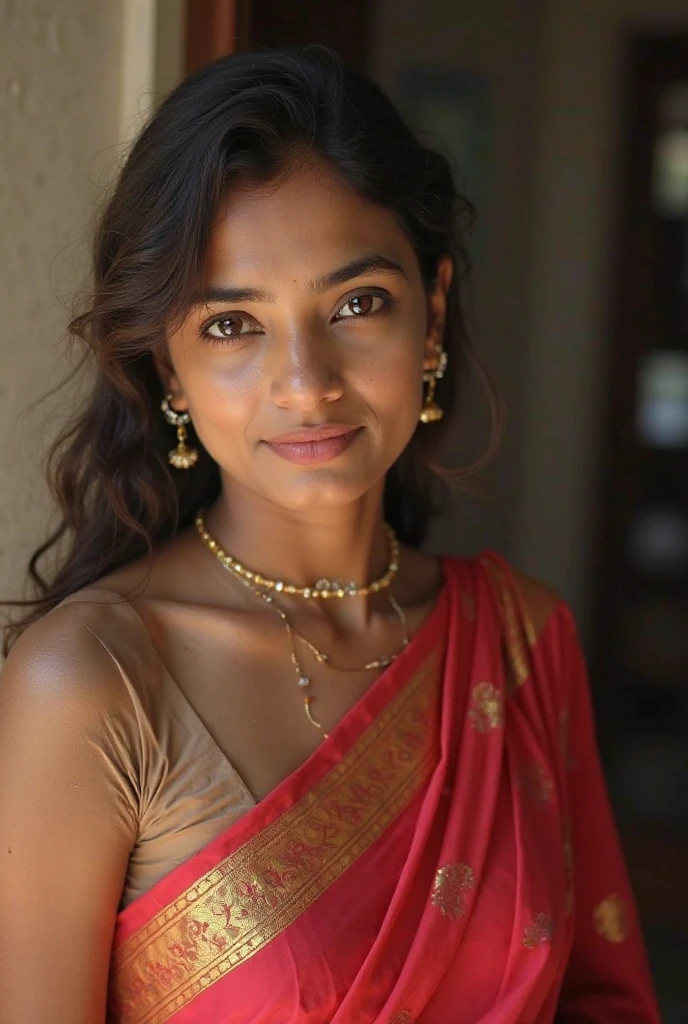 (masterpiece fashion photography:1.4) of a solo ravishing elegant curvy malayali princess Lizzy Thomas, sitting in a picturesque kerala courtyard , in floral printed (ornate blouse & saree:1.3), wet glistening perfect skin, navel, cute cleavage, 80's fashion, (flowing curly wavy backlit hair), hair accessories, vivacious, happy, (captivating kohl lined eyes:1.3) , (bright smile:1.3) flowering trees everywhere, soft dramatic evening lighting, depth of field, backlit, light rays, highly detailed, trending on artstation, paint splashes, rich colour, elegant portrait, by Ron hicks & Atey Ghailan, perfect even skin tone,