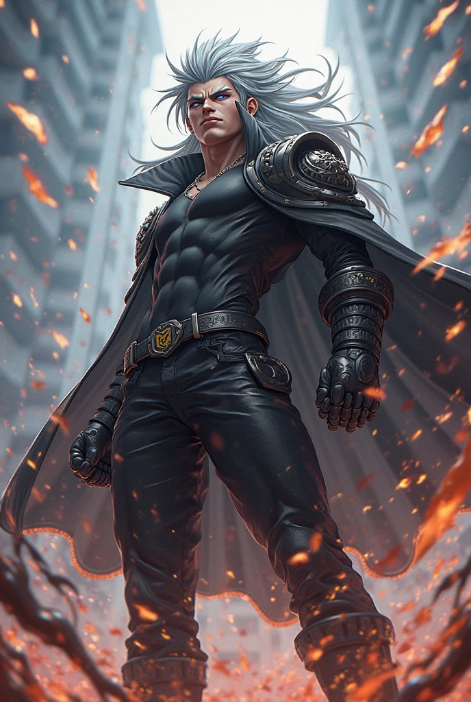 Guy with long white hair, in an unbuttoned leather jacket. Where the press is visible. With a smile with sharp teeth, in black boots and leather pants. In his hand with a huge sword and chainsaw. 