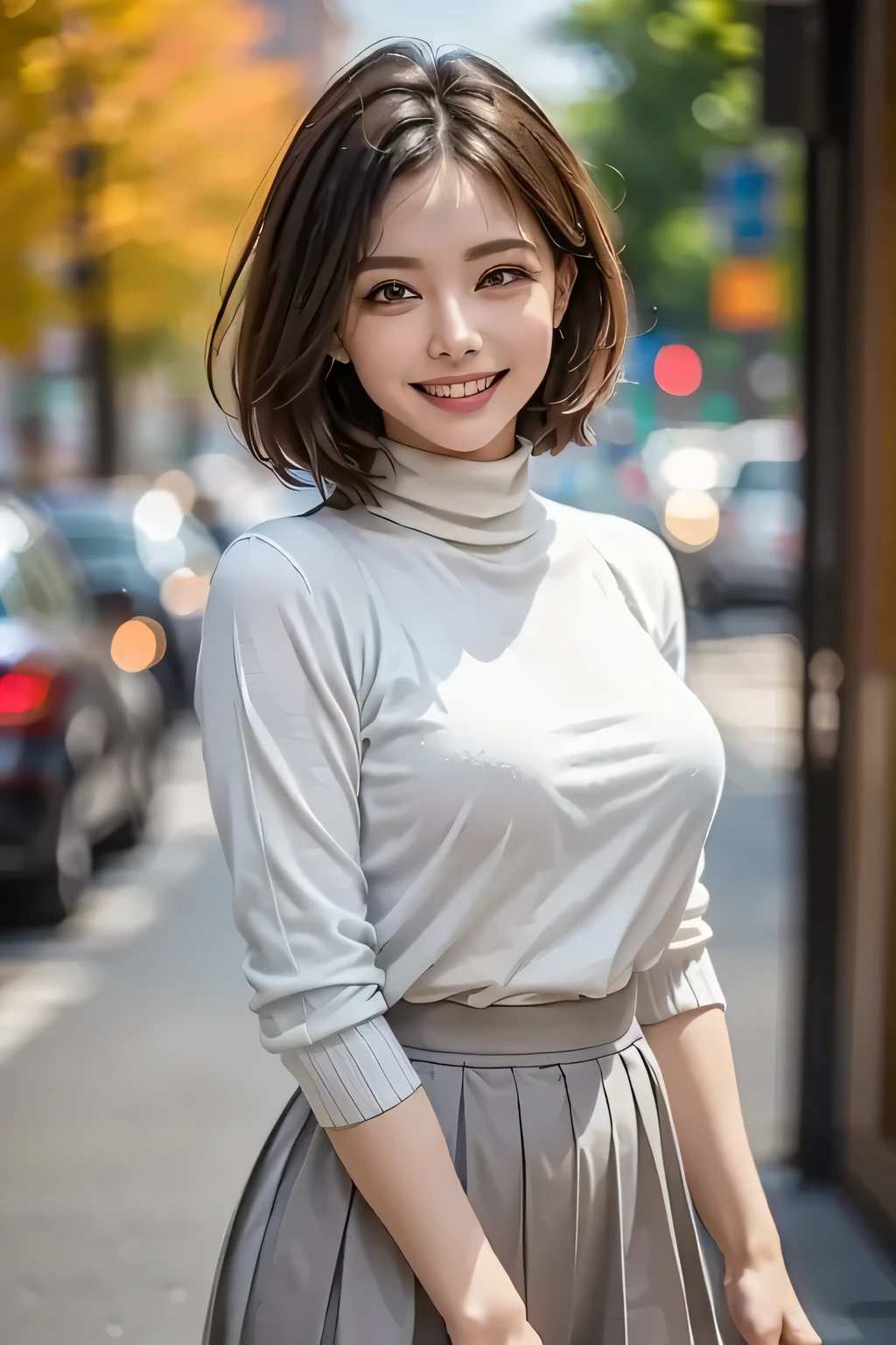 ((1. Ultimate beautiful woman)), mature, beautiful face, brown eyes , exhaustive lips , under a blue sky , double eyelid, long lashes, ((Big Breasts)), grin, enchanting gaze , bob hair , (pink turtleneck sweater, light brown short pleated skirt), thighs, exhaustive, (background: There are many trees in the park々There is), Accessory, ((cowboy shot )), ( depth of writing ), ((masterpiece)), (( Top Quality)), realistic , 16K HD, not exhaustive, realistic lighting