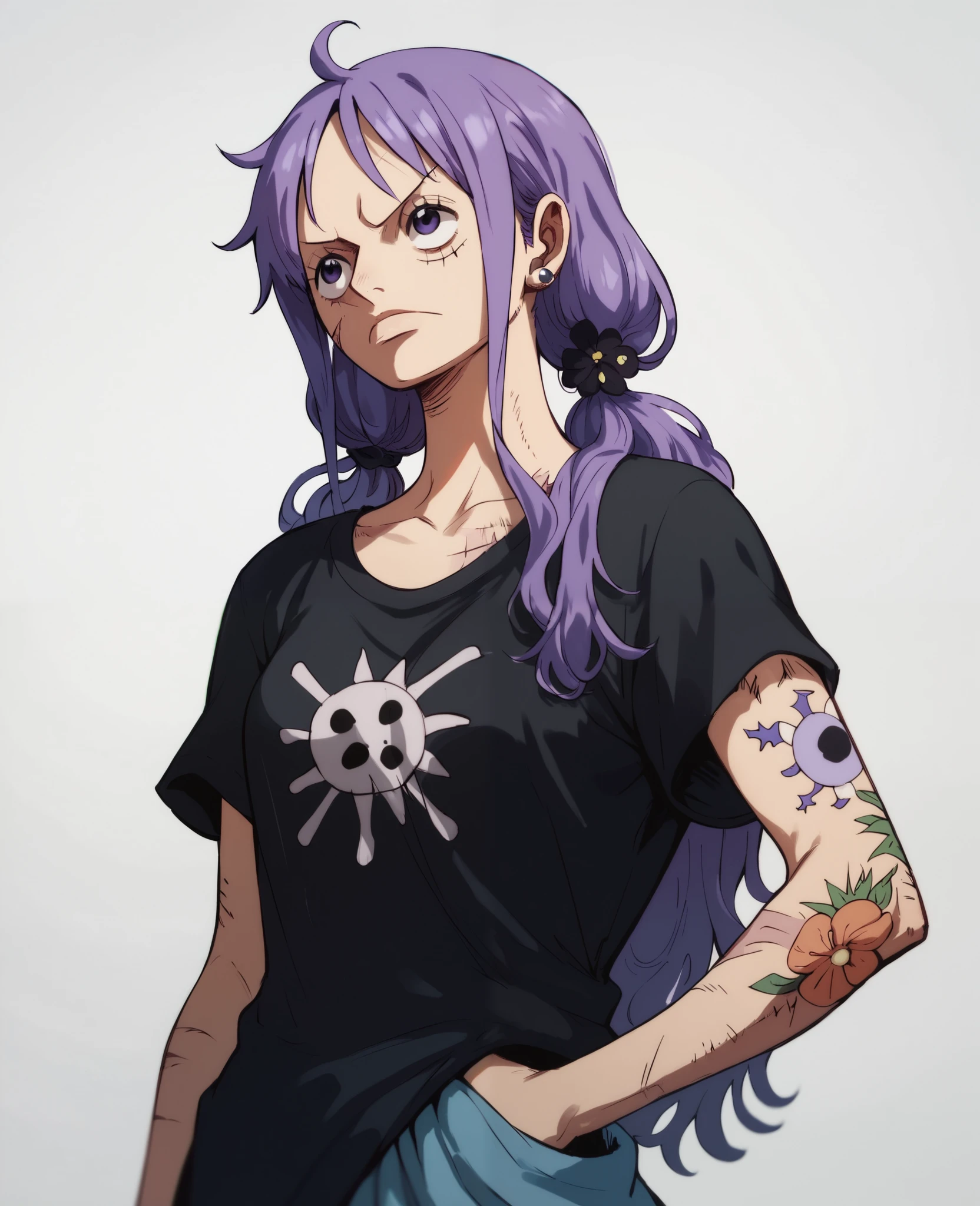 A character from the anime one piece. A woman, purple long hair, two low pigtails, black flower tattoos, best quality, scars, black t-shirt