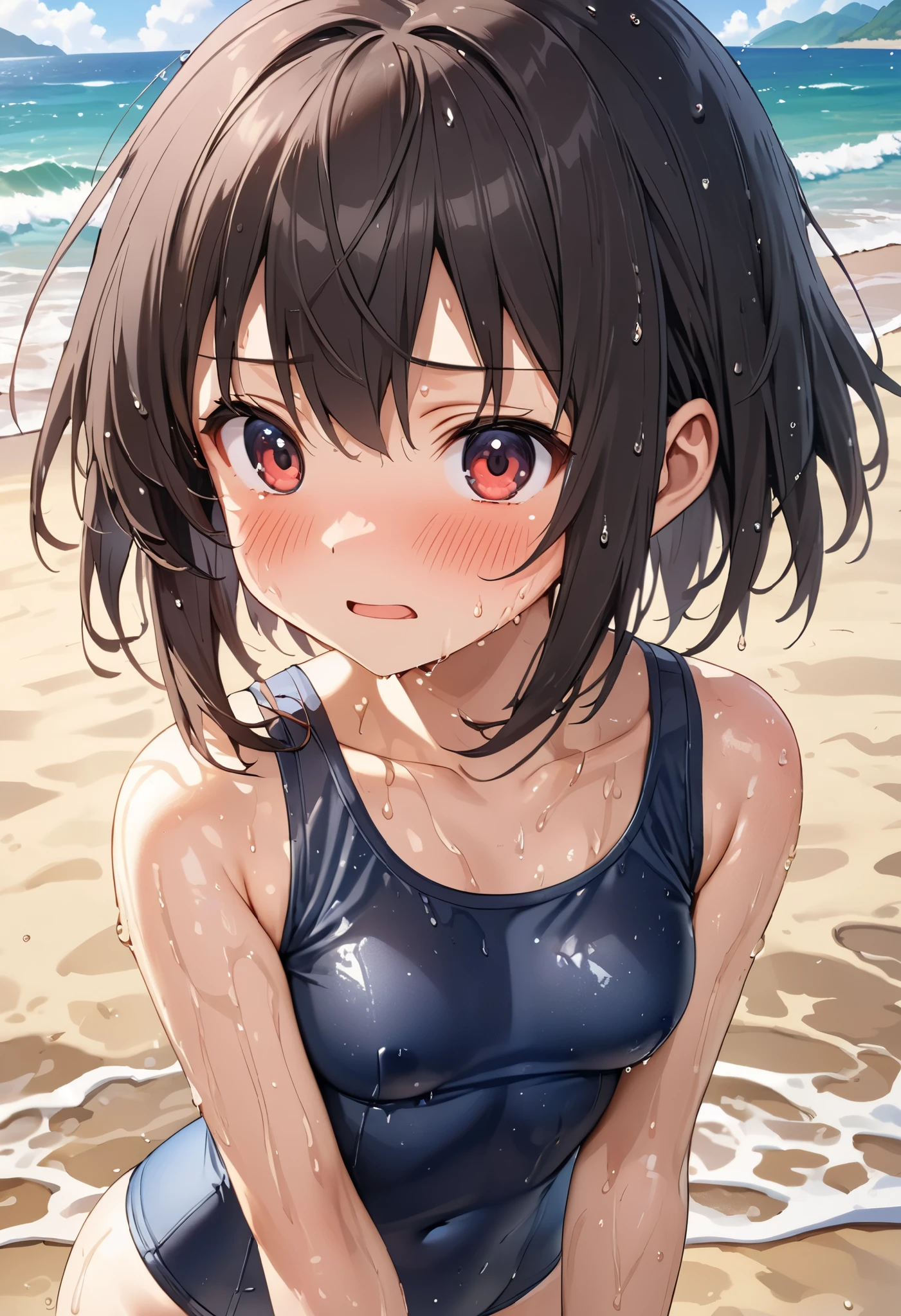 Unity 16K Wallpaper, Masterpiece, Best Quality, Ultra-Detailed, Extremely Detailed CG, Caustics, Cinematic Lighting, Detailed, Beautiful Detailed Eyes, 1 girl, (school swimsuit, saliva:1.3, blush, Heart mark around the head:1.3, small face, cry, beach), sweaty, black hair, blunt bangs, squatting
