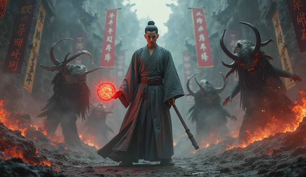 Hell Demon, Black-scaled youkai, Chinese legend hell scene, Extreme horror, Zhang Yimou's film style, The picture is bright, Extremely detailed line drawings CG artwork, See the devil clearly, It shows the shape of a huge right hand with demonic fingers, Detailed face, There is an open and clenched fist state, Light and shadow effect, Beautiful and dynamic pose, Detailed rendering, Colorful scenes, Full of depth, Vibrant lighting effects, Sketch a magnificent and mysterious atmosphere