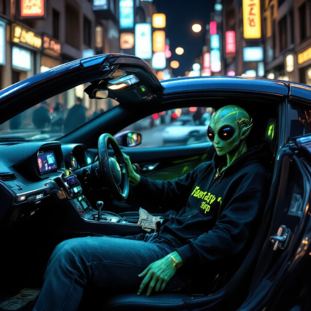green alien smoking in the car