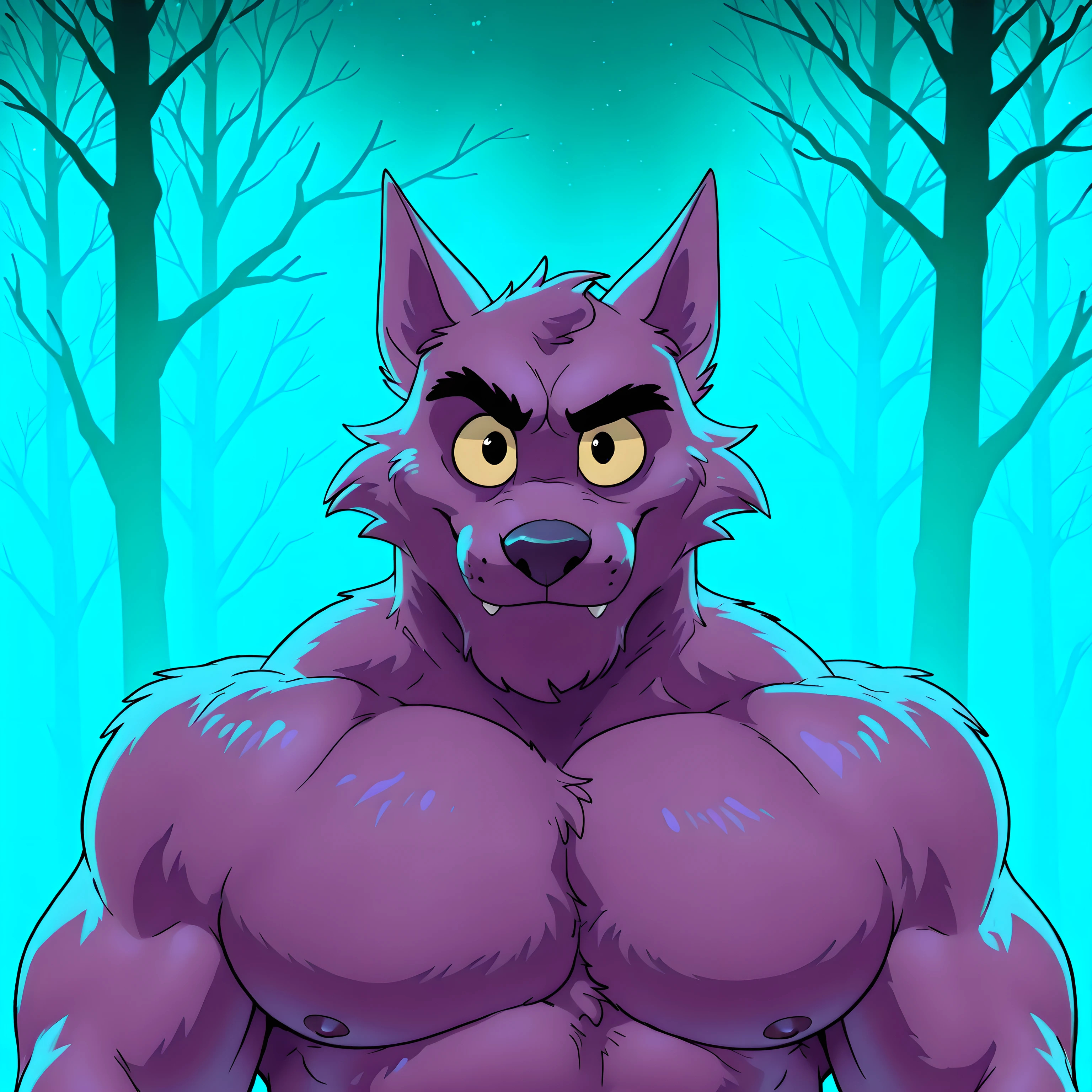 Bernard, Bernard_Mettle, werewolf, purple fur, yellow sclera, shirtless, furry chest, muscular, proud, strong, night background, dark forest, blue forest, half body, by anhes, looking at viewer, big body, solo, front view, close-up,