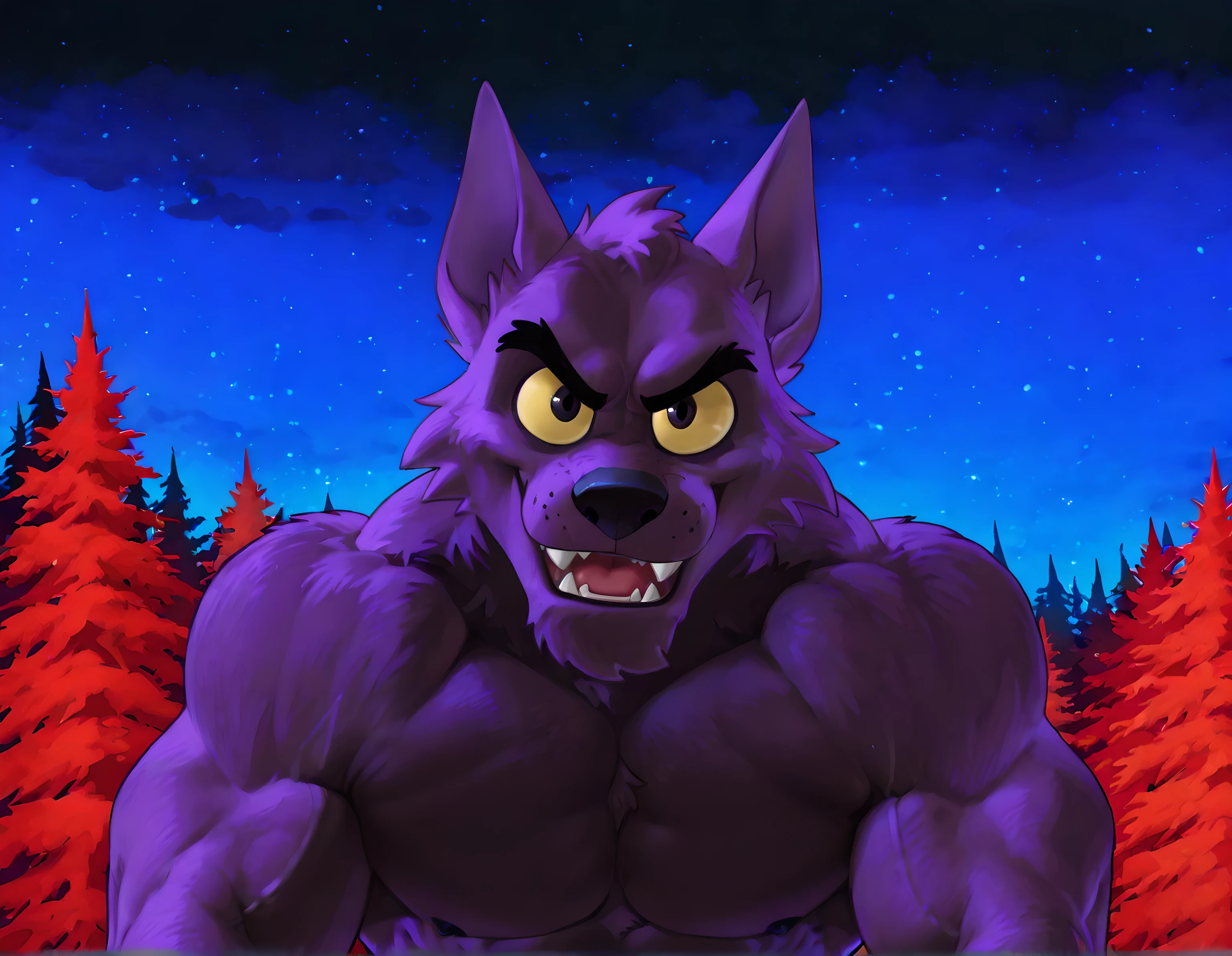 Bernard, Bernard_Mettle, werewolf, purple fur, yellow sclera, shirtless, furry chest, muscular, proud, strong, night background, dark forest, red forest, half body, by anhes, looking at viewer, big body, solo, front view, open mouth, close-up, Cr4b_pose, (very dark shadows, black shading, dark shading)