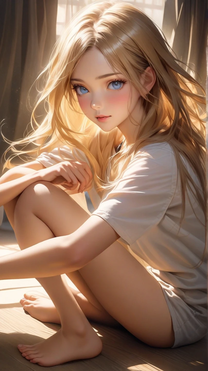 (masterpiece, best quality), ultra high resolution, depth of field, 1 pretty anime girl, 12 years old, finely detailed, high details, high quality shadow, beautifully detailed, (bokeh: 1.5), solo, flower, outdoor, day, sky, cloud, sunlight, white shirt with short sleeves, very short denim skirt, cropped, full body, whole body in the middle of the picture, blue sky, (highly detailed skin, skin details), look viewer, long blonde hair, artfully braided hair, parted lips, breasts, flat stomach, long hair (platinum blonde hair:1.5), ((blue eyes)), Art by Makoto Shinkai, Anime Moe Artstyle, Digital Art on Pixiv, Azur Lane Style, squatting, legs open, tight panties