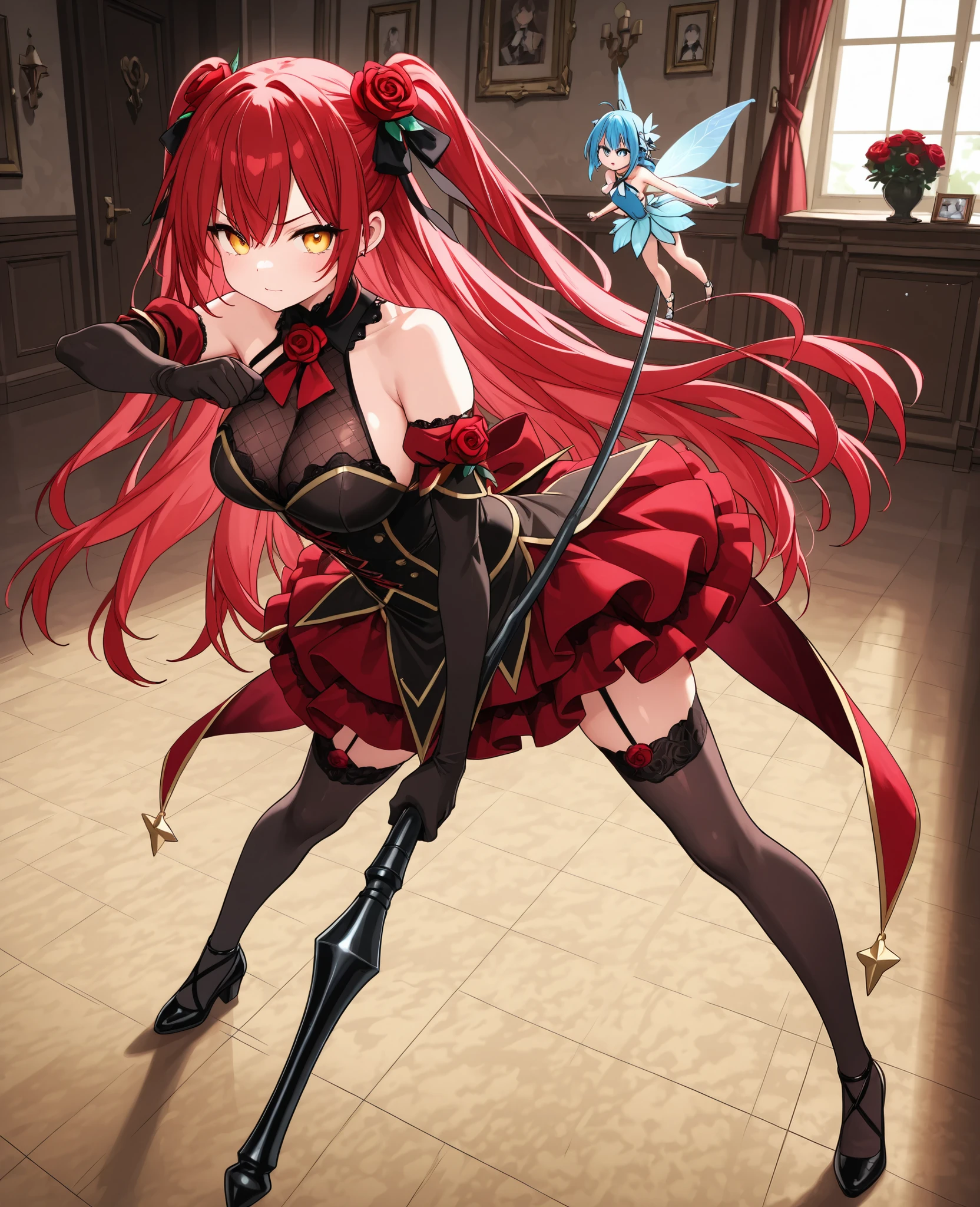 ((top quality))、((masterpiece))、(( full body photo of anthropomorphic))、((very simple backfloor))、 anthropomorphic fairy roses 、(Rose merges with the body )、luminous body, ornaments with rose motifs 、floor、 fighting position.