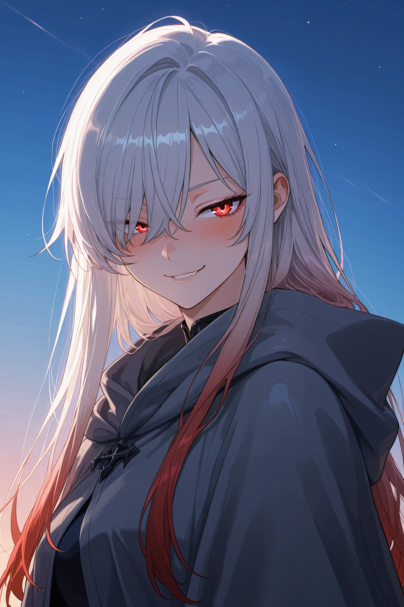 (solo:1.7), detailxl, Anime illustration, detailed anime artstyle, cinematic, volumetric lighting, clear sky, evening, cold light, colorful, light reflection, from the side, from the front, side, front, upper body shot, fotoshoot, model, (1girl:0.28), detailed skin, extremely detailed eyes, dynamic pose, 1boy, (masterpiece), best quality, expressive eyes, perfect face, (femboy:1.3), [white long hair, white hair|red hair:0.7], red eyes, red streaks, red highlights, red hair, two tone hair, gradient hair, gradient hair, (gray cloak:1.1), hair over one eyes, mekakure, naughty smirk, mischievous smirk, tsurime, soft blush, Light_from_below