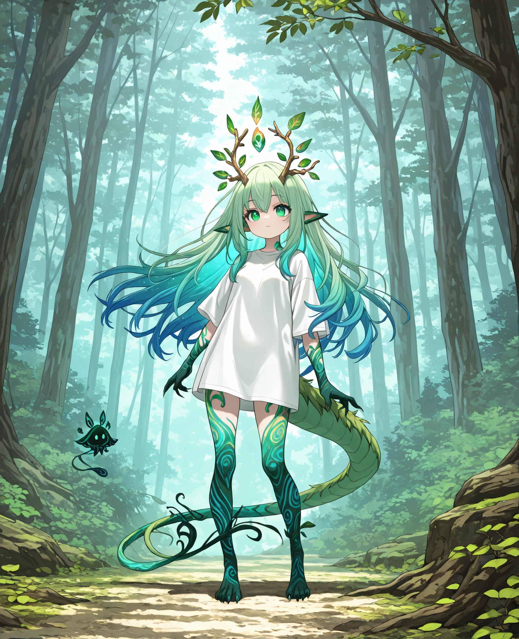 full body shirt:1.4, (best quality, masterpiece), A standing forest being , full body shirt. The hybrid creature's skin features leaves and branches , iridescent hues, that range from deep emerald green to shimmering purple , creating a mesmerizing display of color and texture . Your eyes, expressive, exudes a sense of innocence and curiosity , visually stunning , The creature has slender fingers , finished in delicate claws , displays surprising dexterity and grace , while her tail , adorned with intricate patterns that resemble exotic leaves, wraps elegantly around your body . The vivid contrast between the features and colors of the forest , a unique creature that combines effortless beauty and charm .